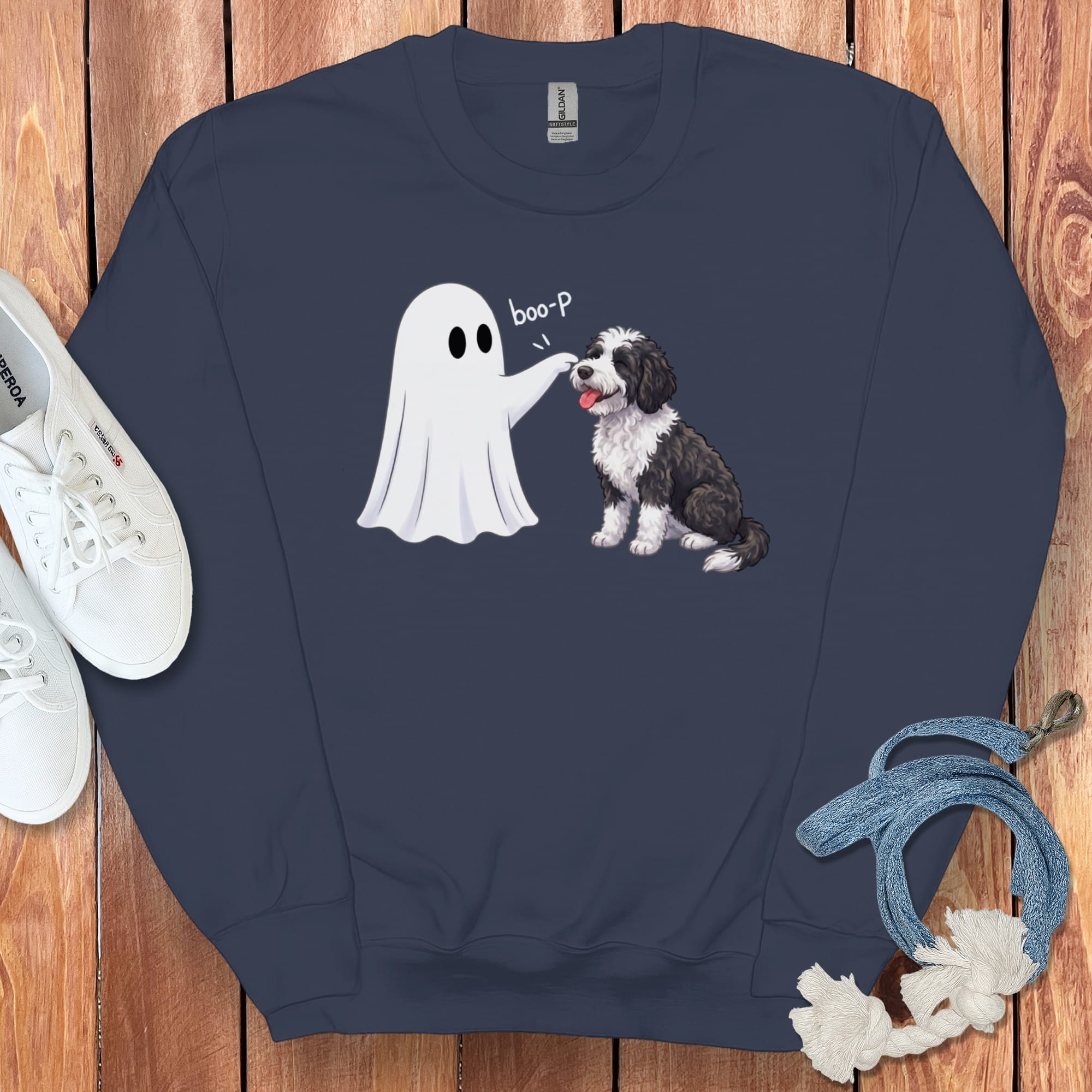Sheepadoodle Ghost Boop Sweatshirt in Navy / S by Puppy Jo