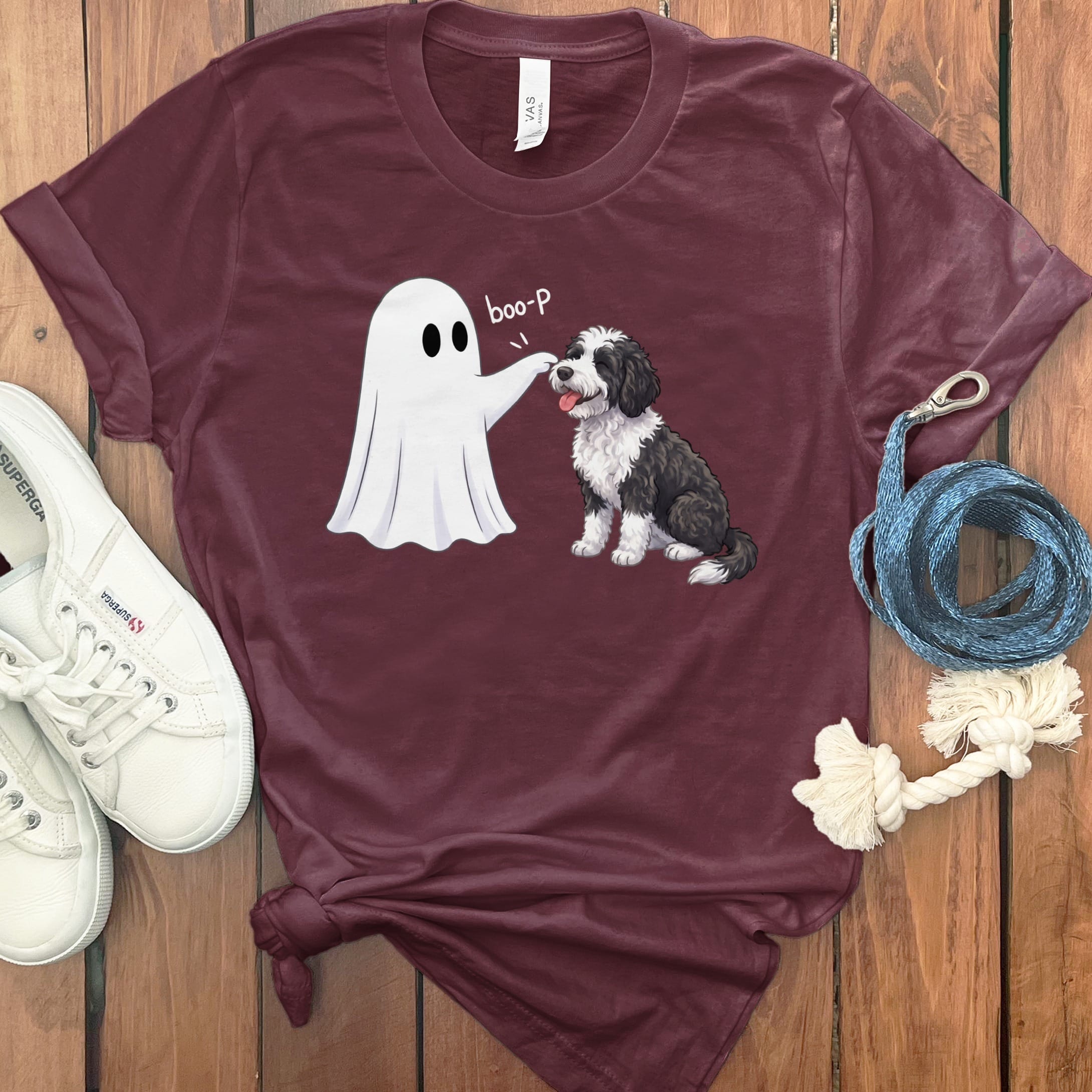 Sheepadoodle Ghost Boop T-Shirt in Maroon / S by Puppy Jo