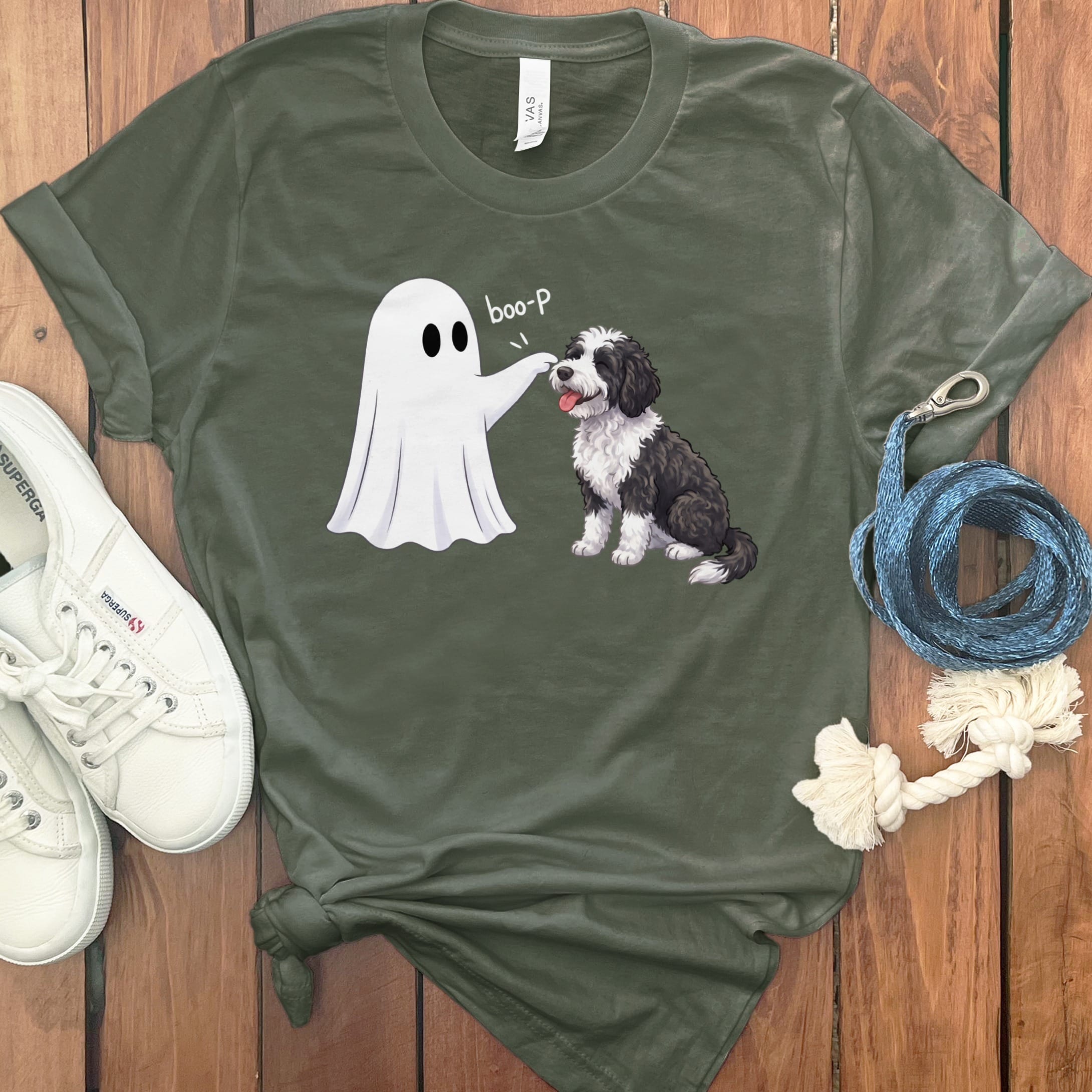 Sheepadoodle Ghost Boop T-Shirt in Military Green / S by Puppy Jo