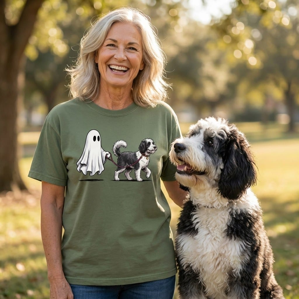 Sheepadoodle Ghost Walk Signature T-Shirt in by Puppy Jo