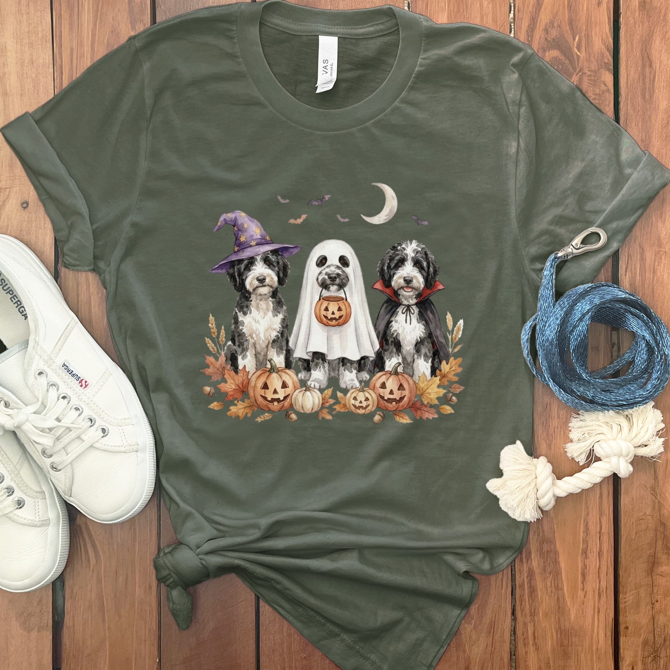 Sheepadoodle Halloween Crew T-Shirt in Military Green / S by Puppy Jo