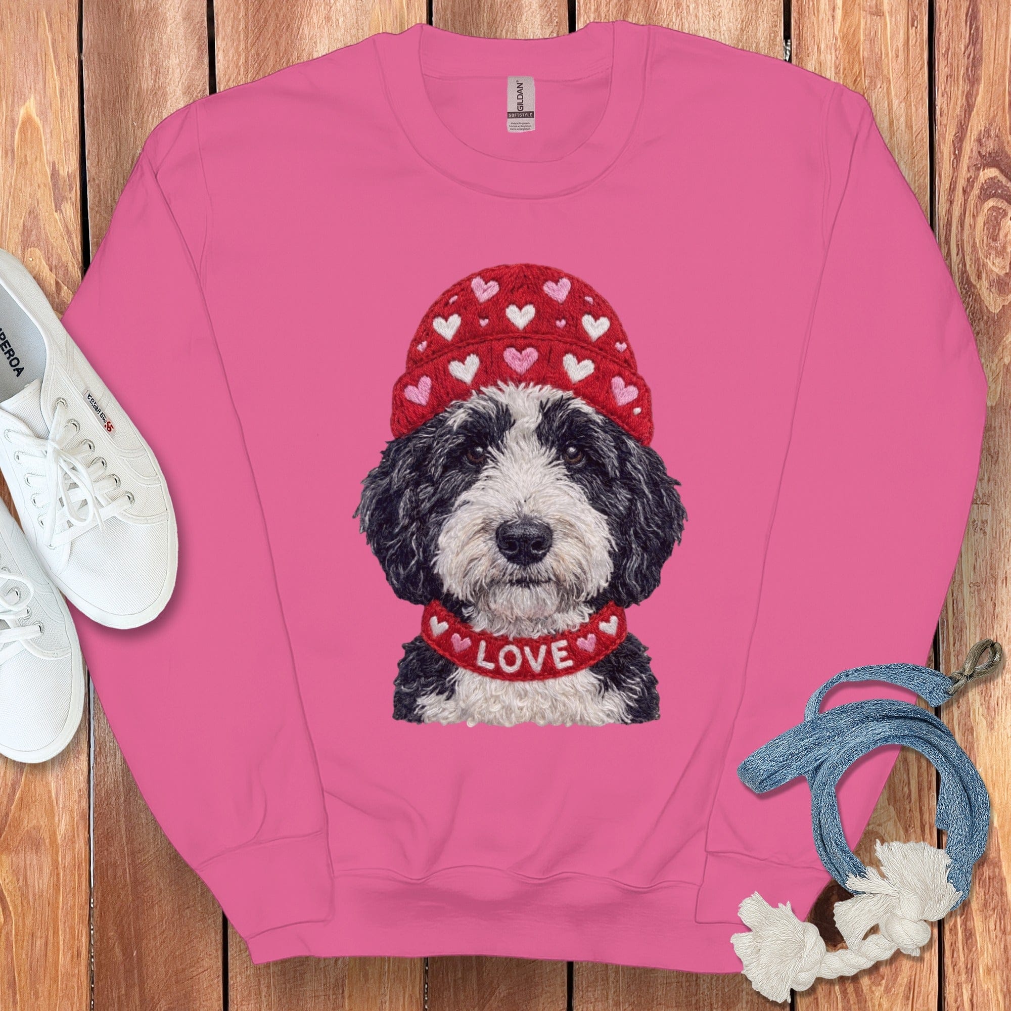 Sheepadoodle Heart Cap Sweatshirt in Heliconia / S by Puppy Jo
