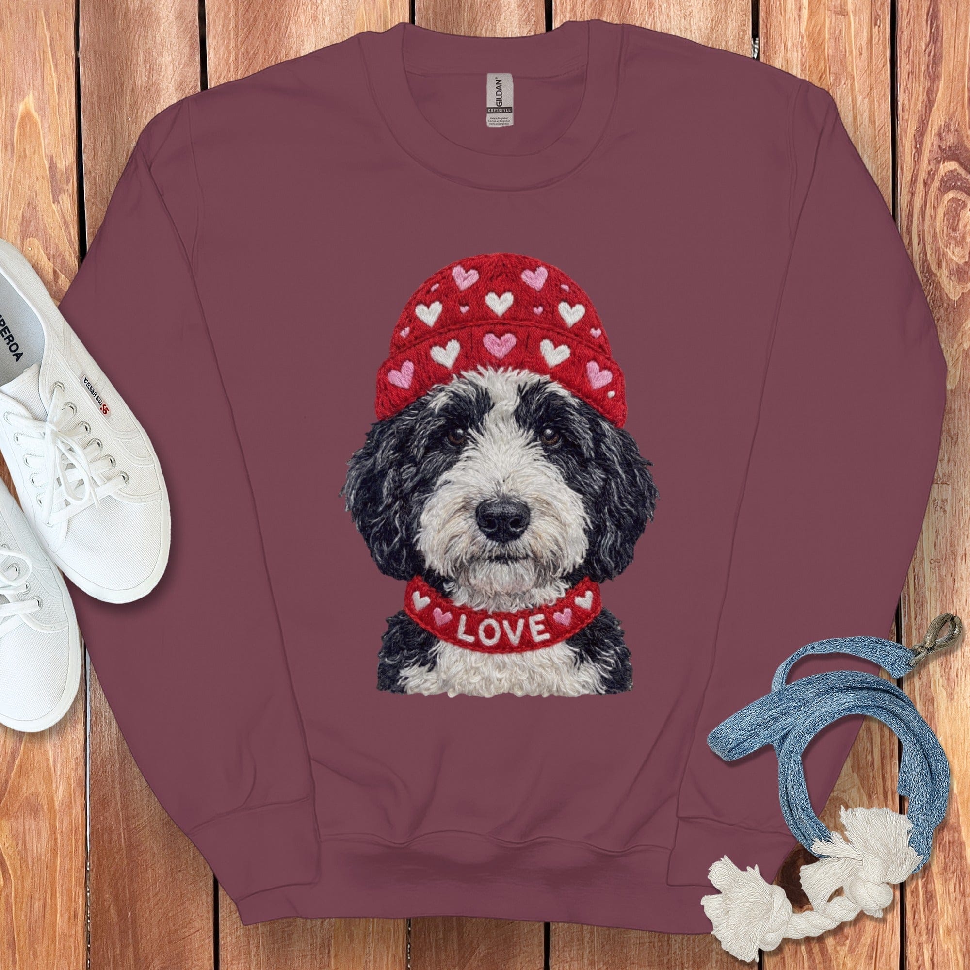 Sheepadoodle Heart Cap Sweatshirt in Maroon / S by Puppy Jo