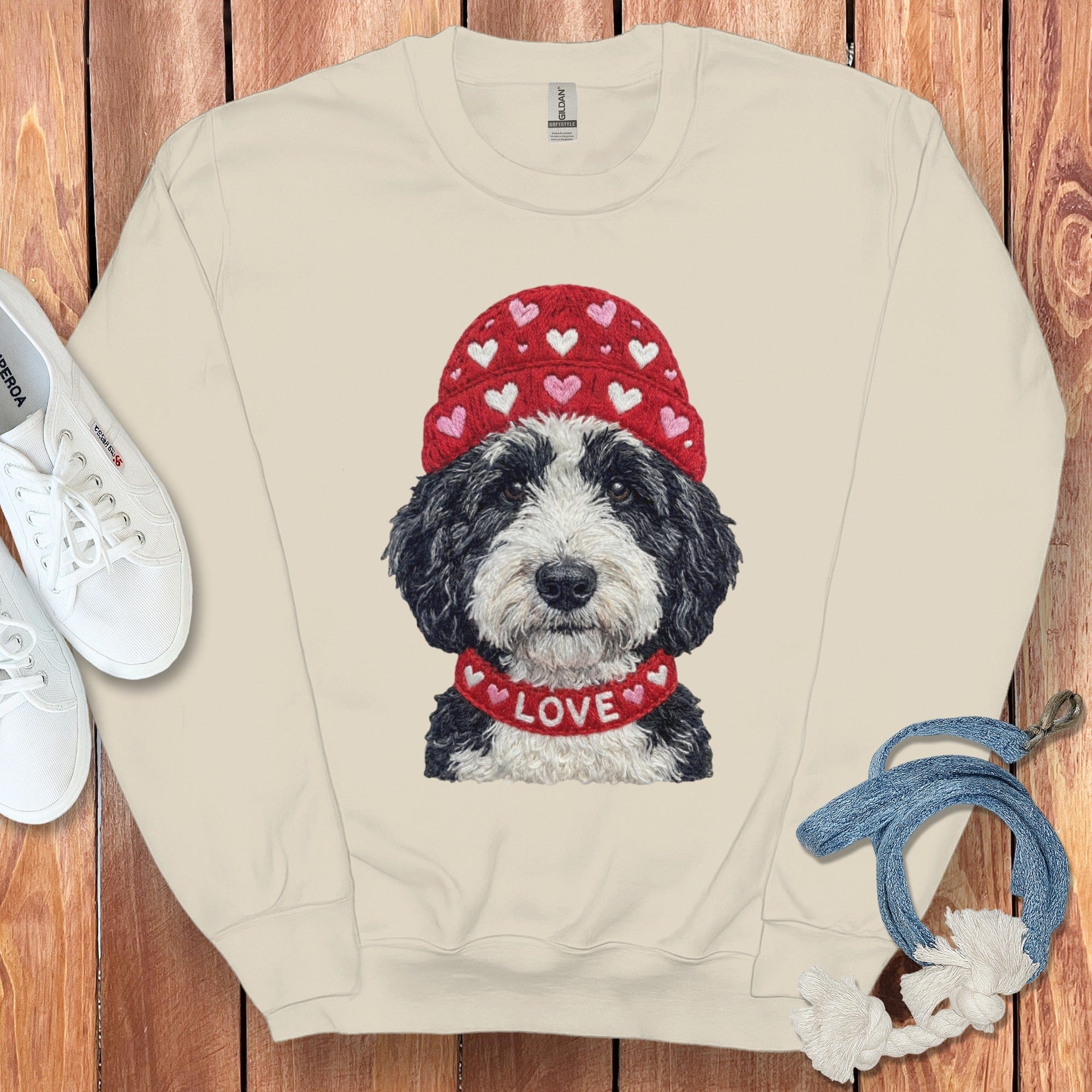 Sheepadoodle Heart Cap Sweatshirt in Sand / S by Puppy Jo