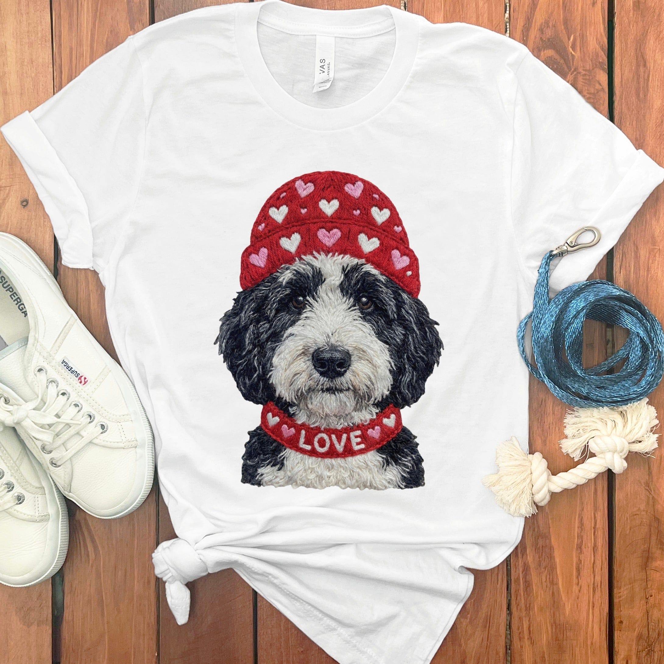 Sheepadoodle Heart Cap T-Shirt in White / S by Puppy Jo