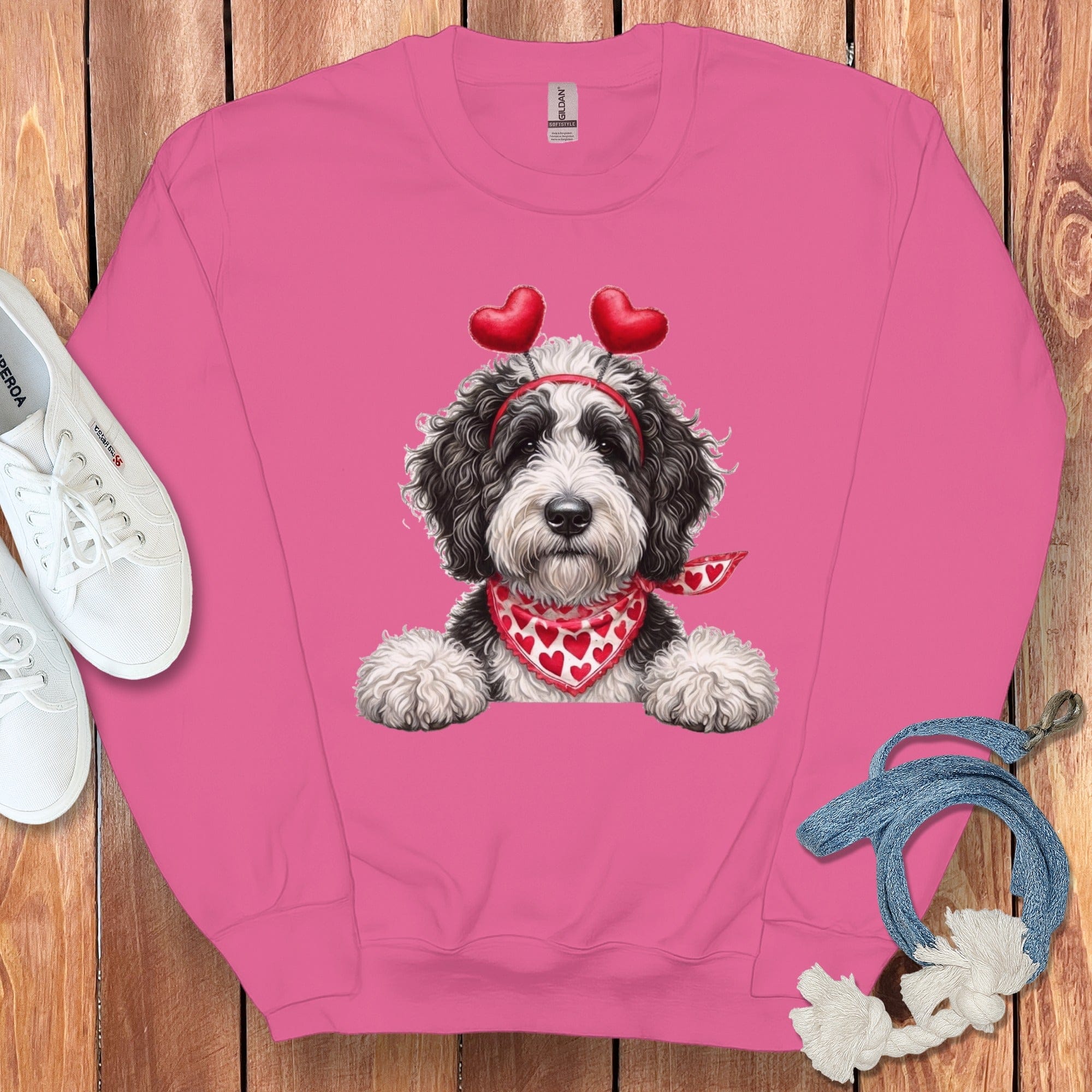 Sheepadoodle Heart Sweatshirt in Heliconia / S by Puppy Jo
