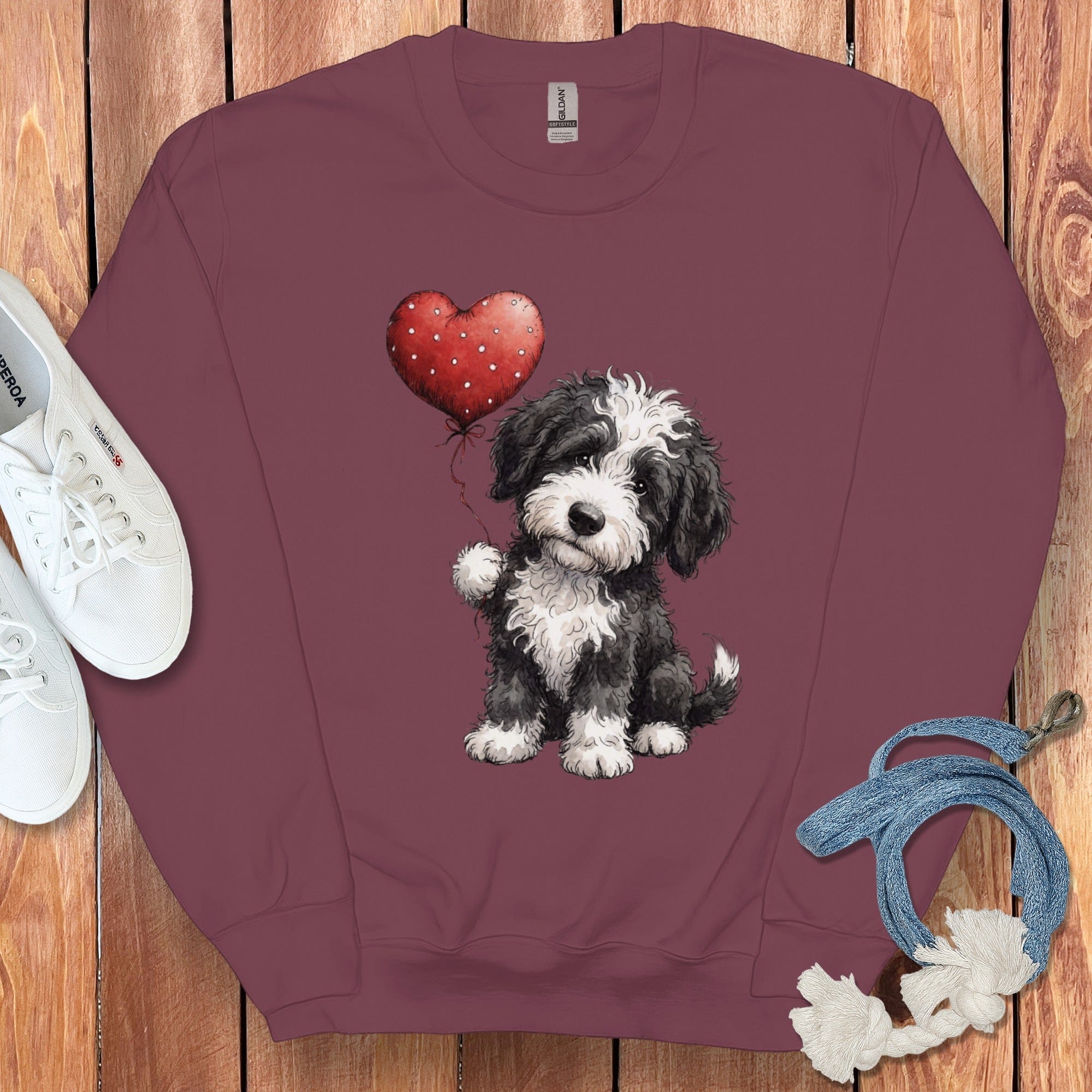 Sheepadoodle Heart Sweatshirt in Maroon / S by Puppy Jo