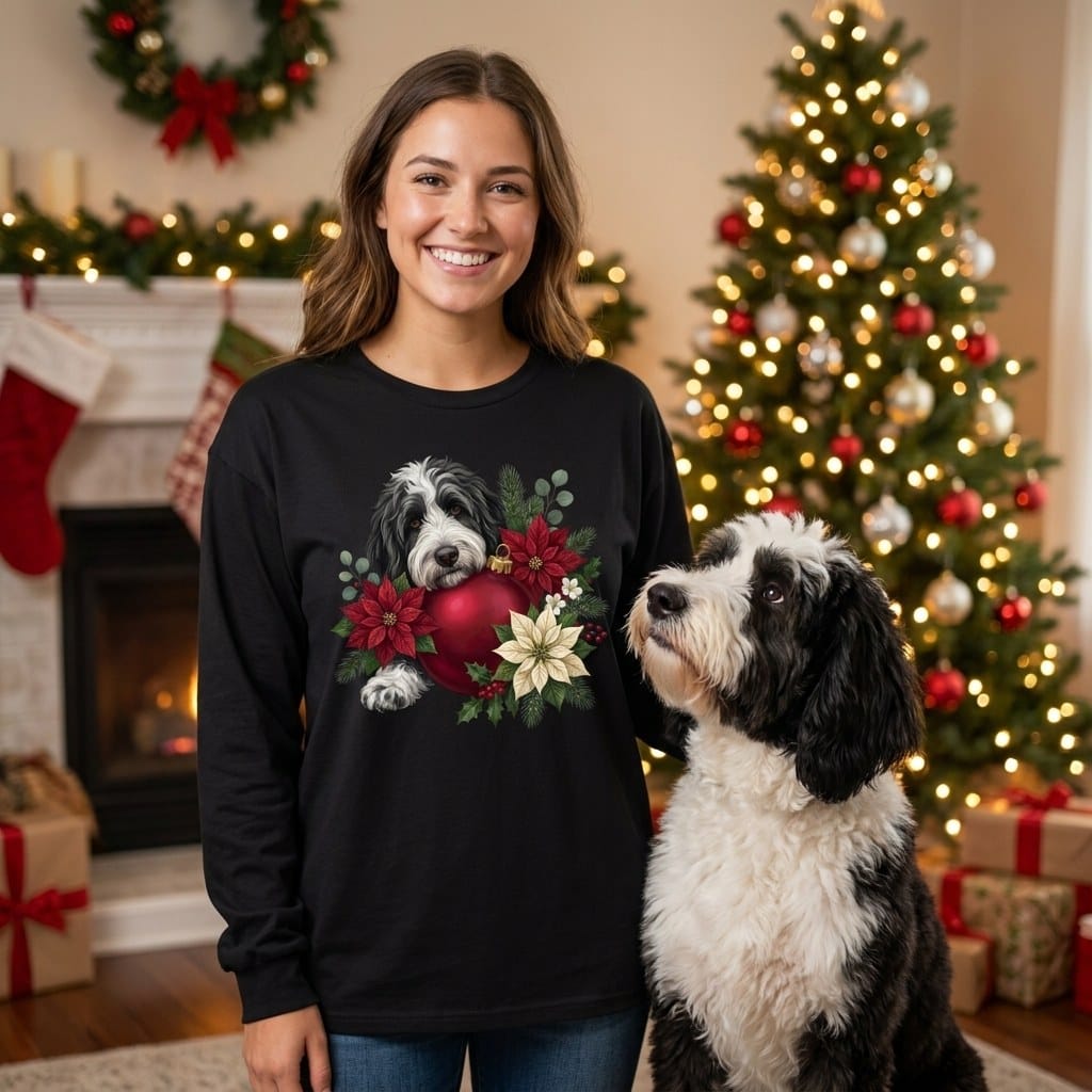 Sheepadoodle Holiday Cheer Long Sleeve T-Shirt in by Puppy Jo
