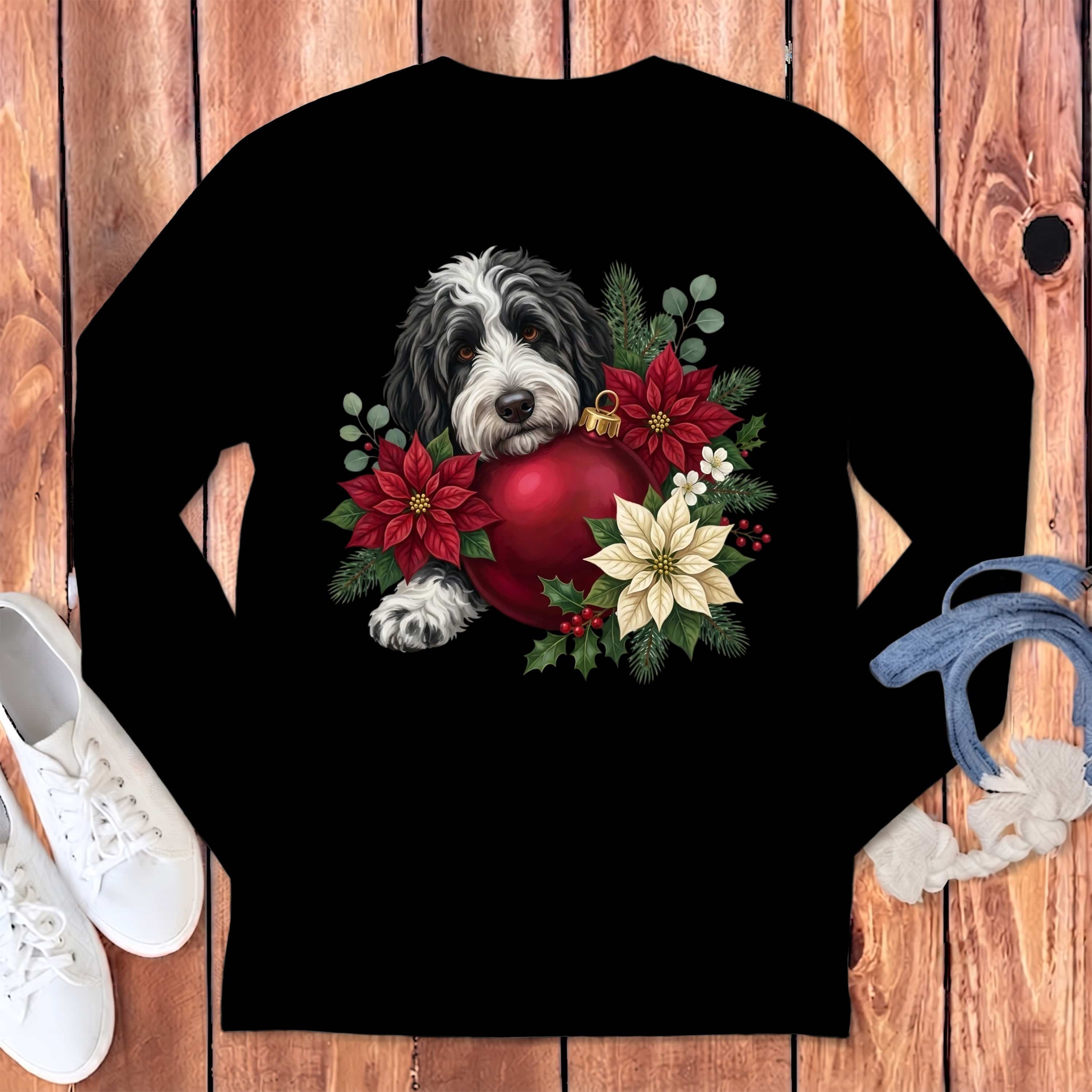 Sheepadoodle Holiday Cheer Long Sleeve T-Shirt in S / Black by Puppy Jo