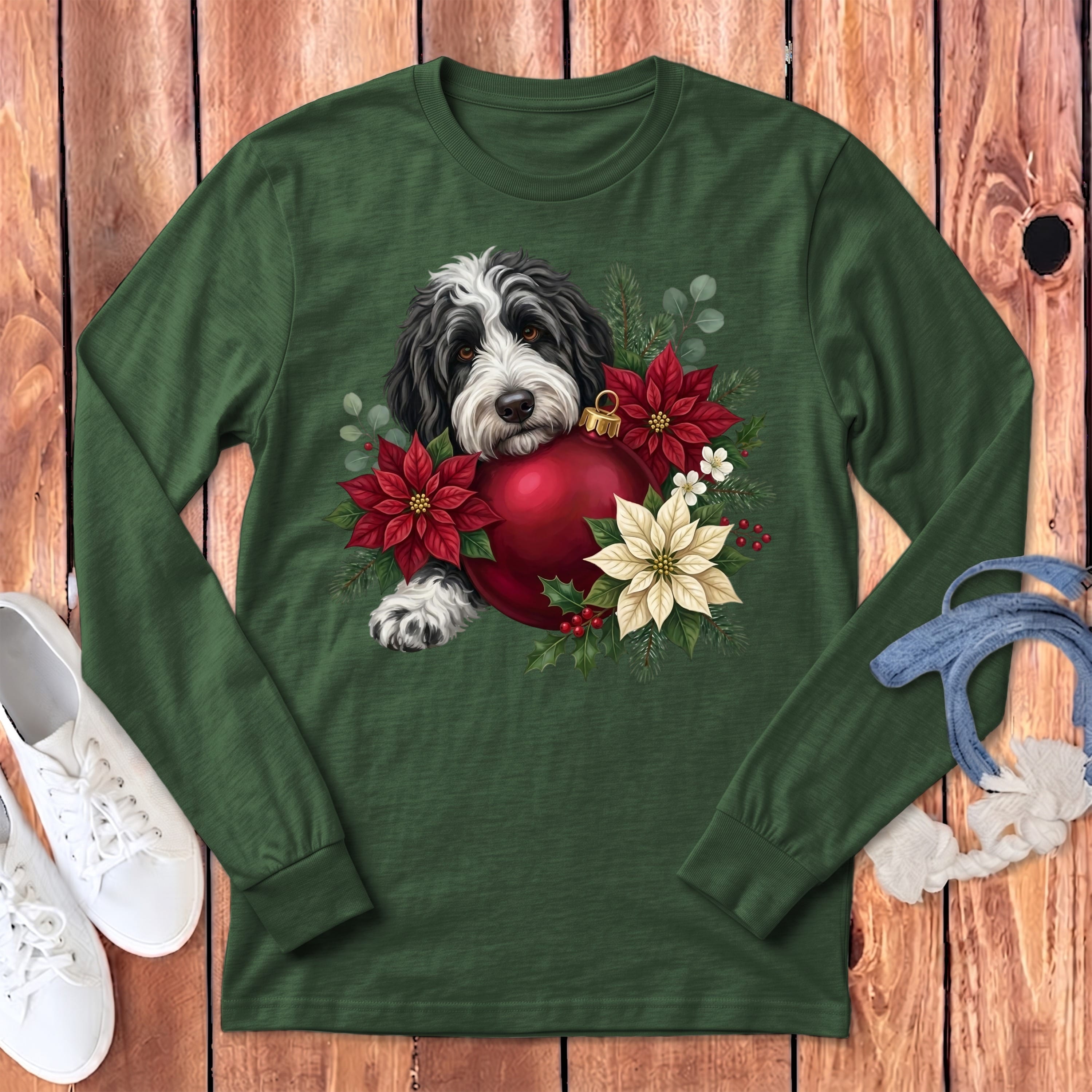 Sheepadoodle Holiday Cheer Long Sleeve T-Shirt in S / Heather Forest by Puppy Jo