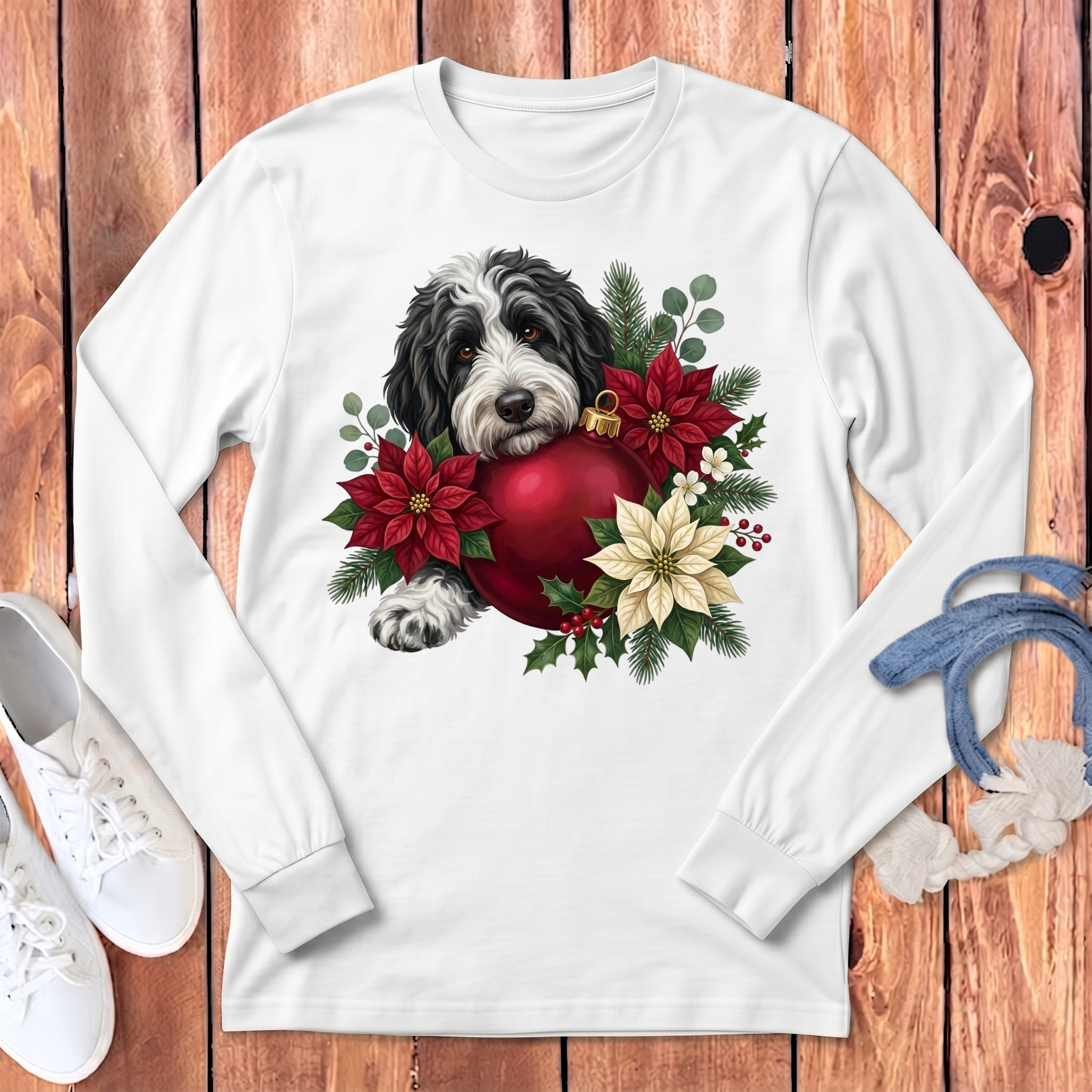 Sheepadoodle Holiday Cheer Long Sleeve T-Shirt in S / White by Puppy Jo