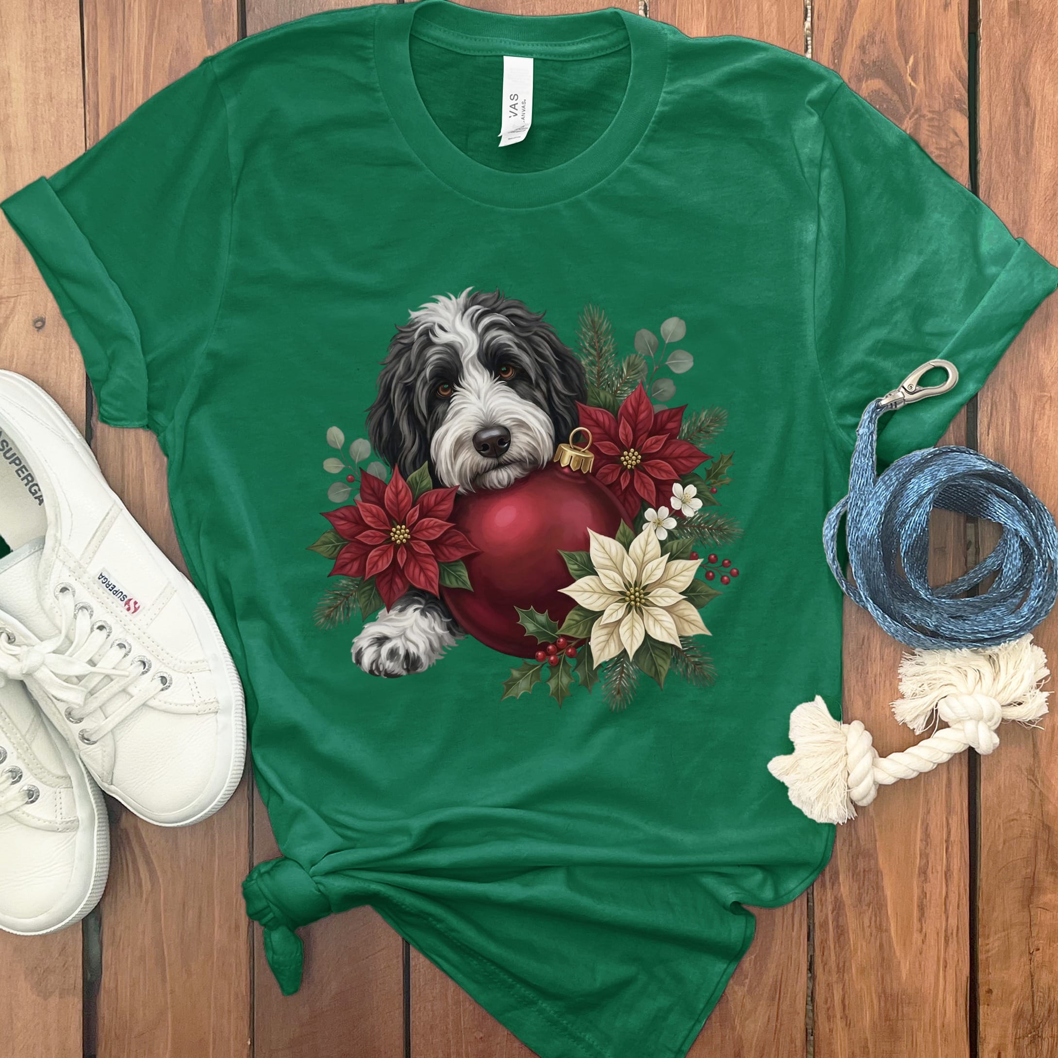 Sheepadoodle Holiday Cheer T-Shirt in Kelly / S by Puppy Jo