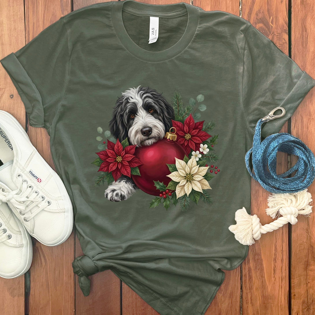 Sheepadoodle Holiday Cheer T-Shirt in Military Green / S by Puppy Jo