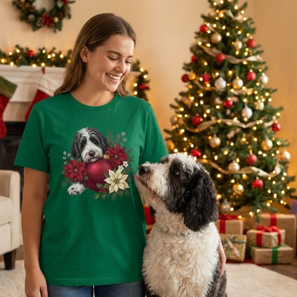 Sheepadoodle Holiday Cheer T-Shirt in by Puppy Jo