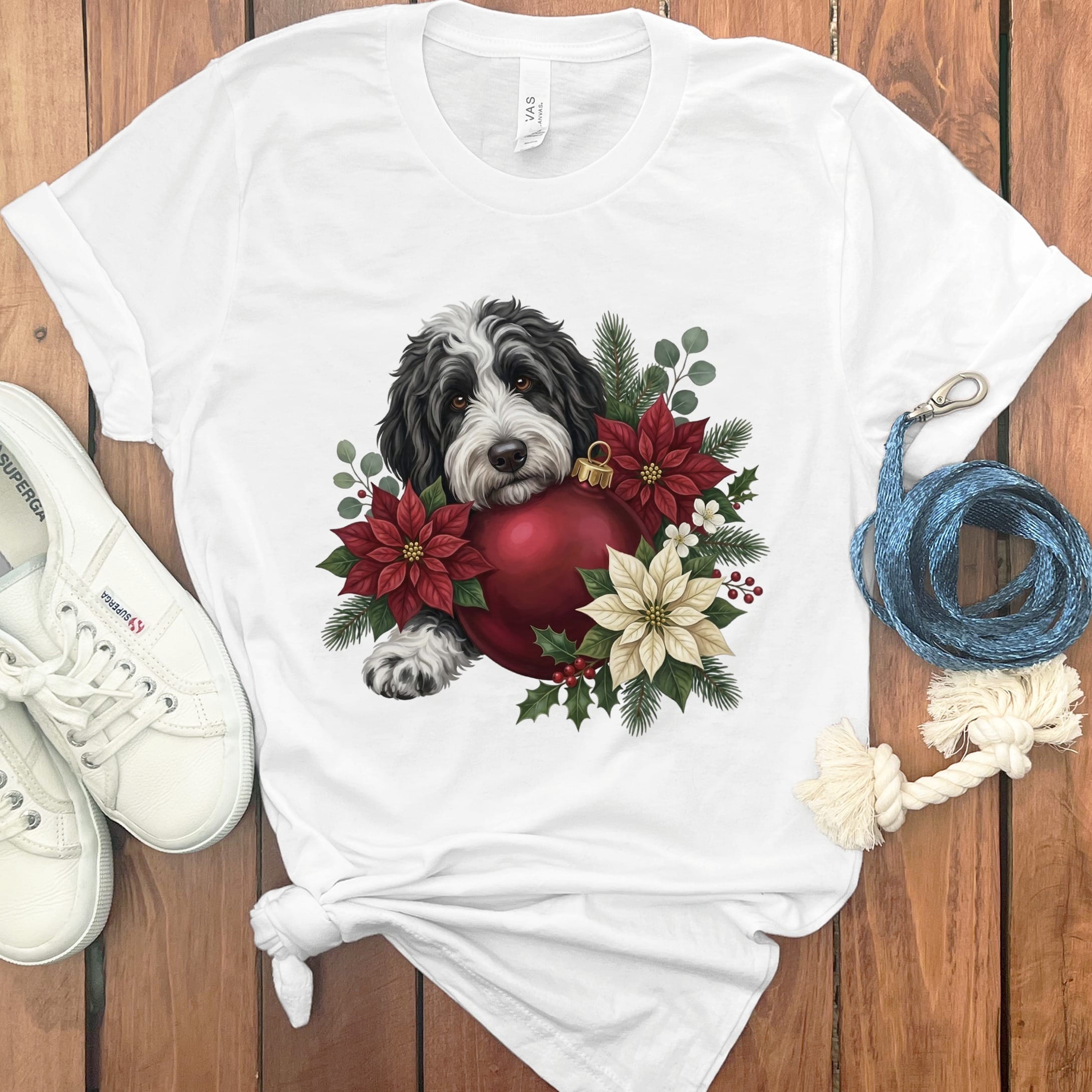 Sheepadoodle Holiday Cheer T-Shirt in White / S by Puppy Jo