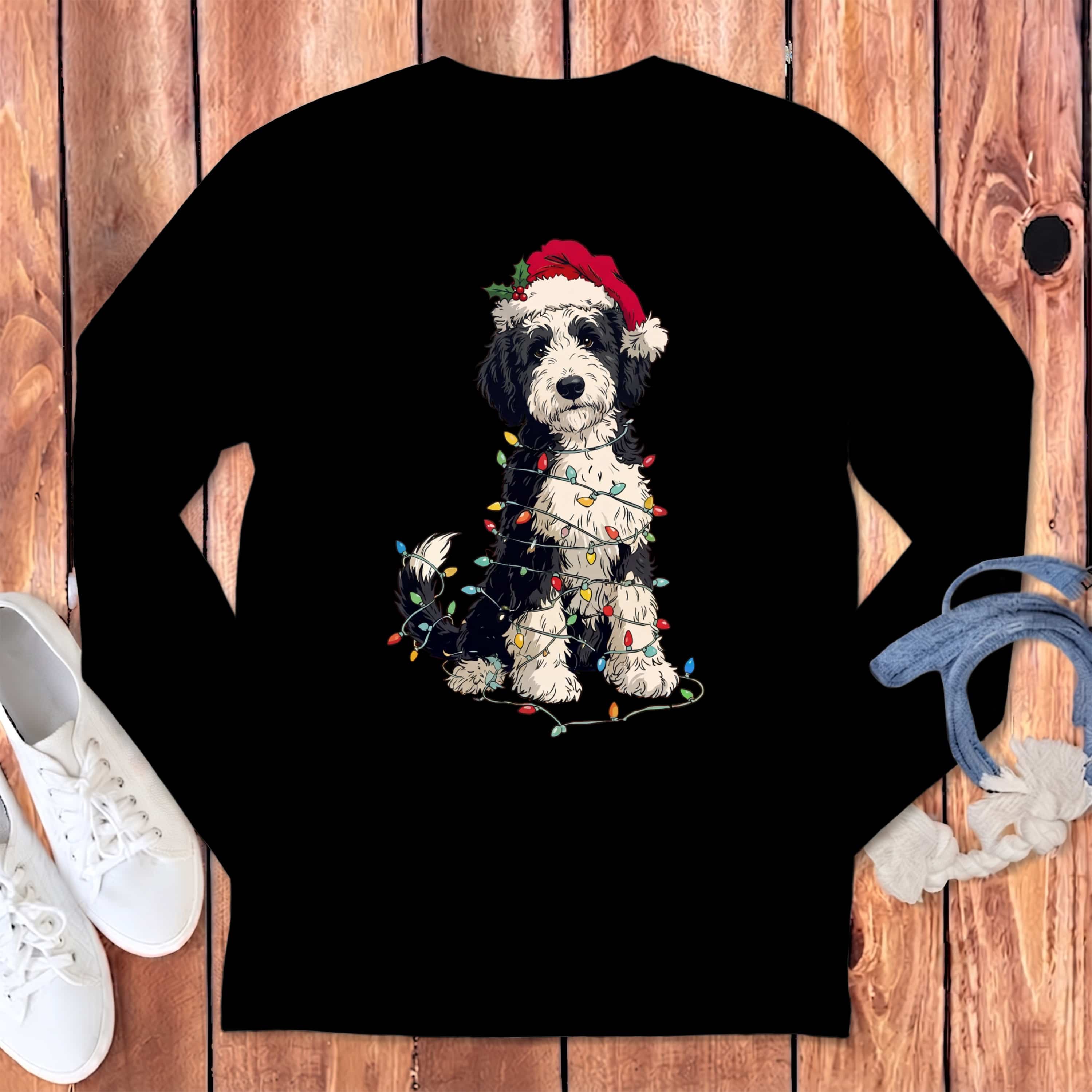 Sheepadoodle Holiday Long Sleeve T-Shirt in Black / S by Puppy Jo