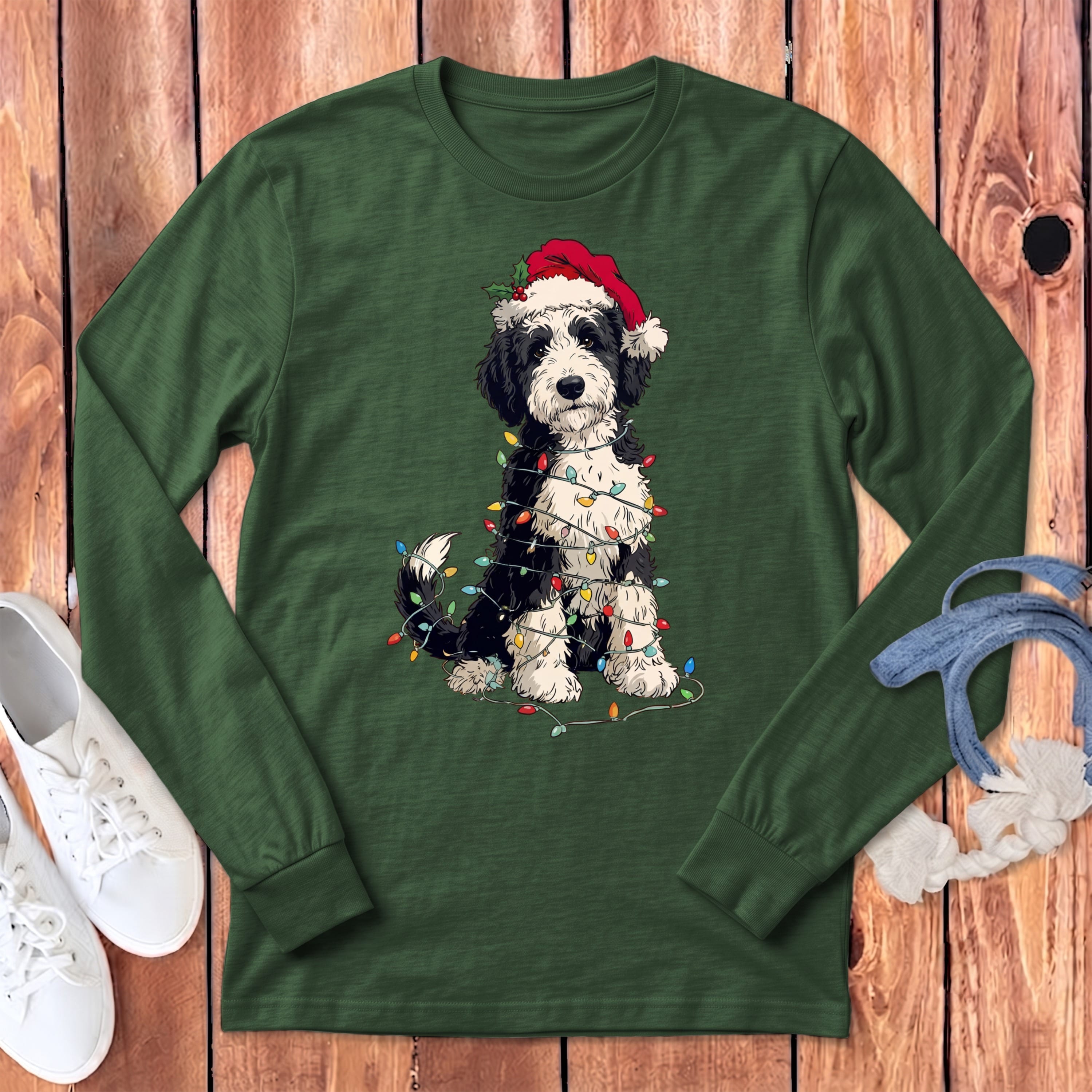 Sheepadoodle Holiday Long Sleeve T-Shirt in Heather Forest / S by Puppy Jo
