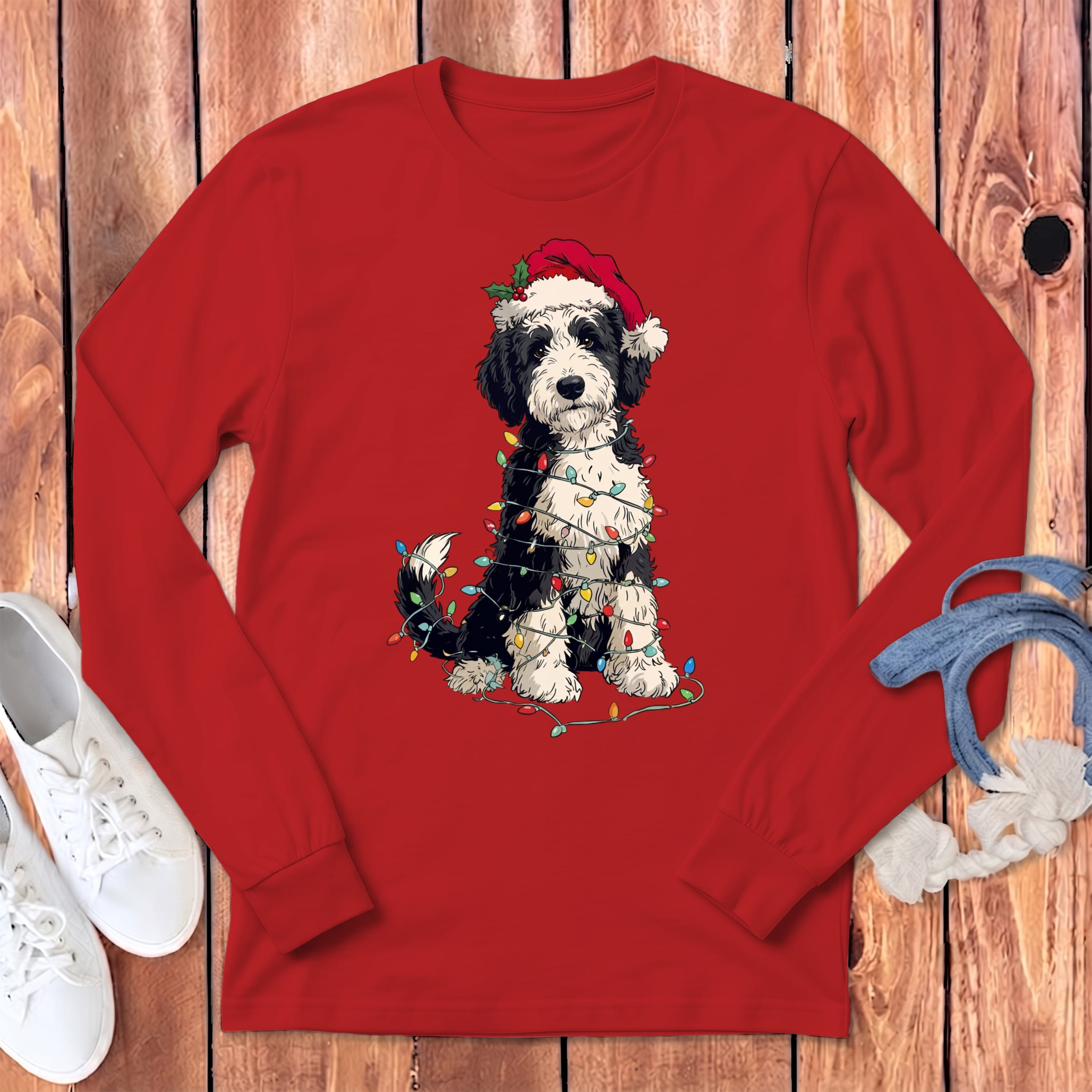 Sheepadoodle Holiday Long Sleeve T-Shirt in Red / S by Puppy Jo