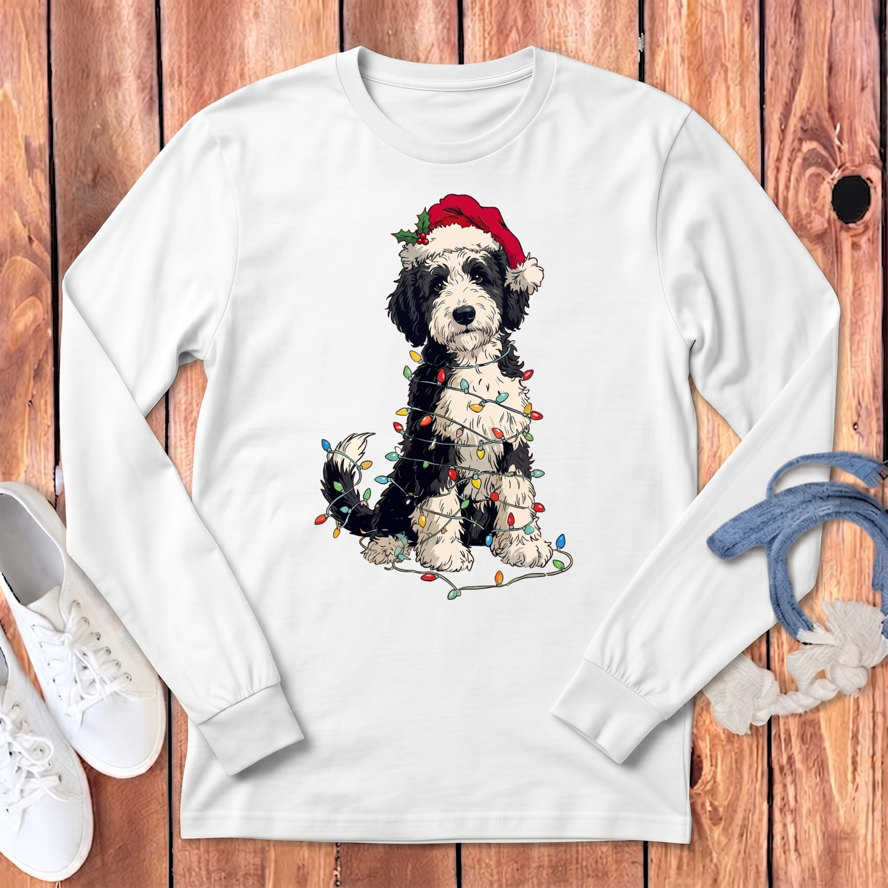 Sheepadoodle Holiday Long Sleeve T-Shirt in White / S by Puppy Jo