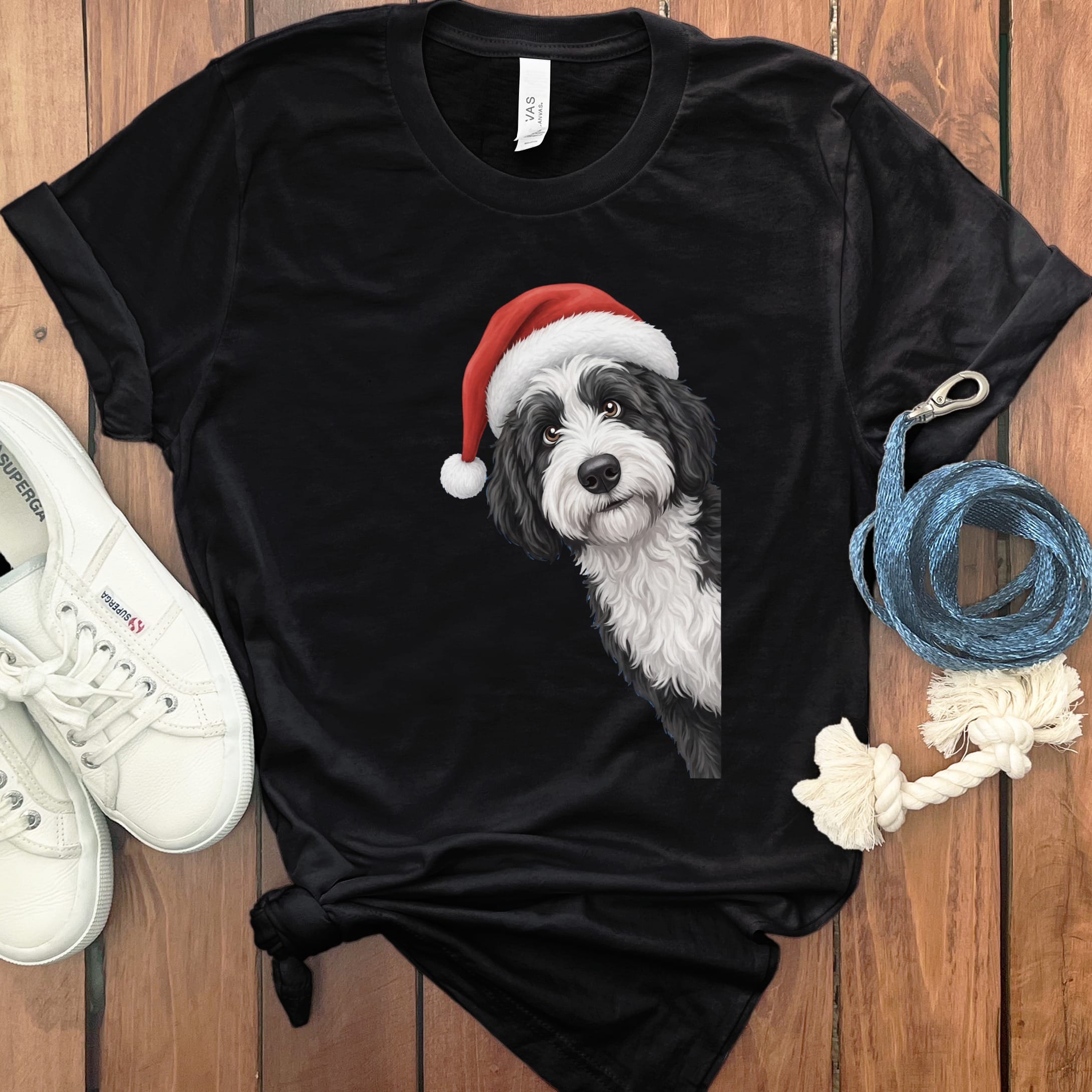 Sheepadoodle Holiday Santa T-Shirt in Black / S by Puppy Jo