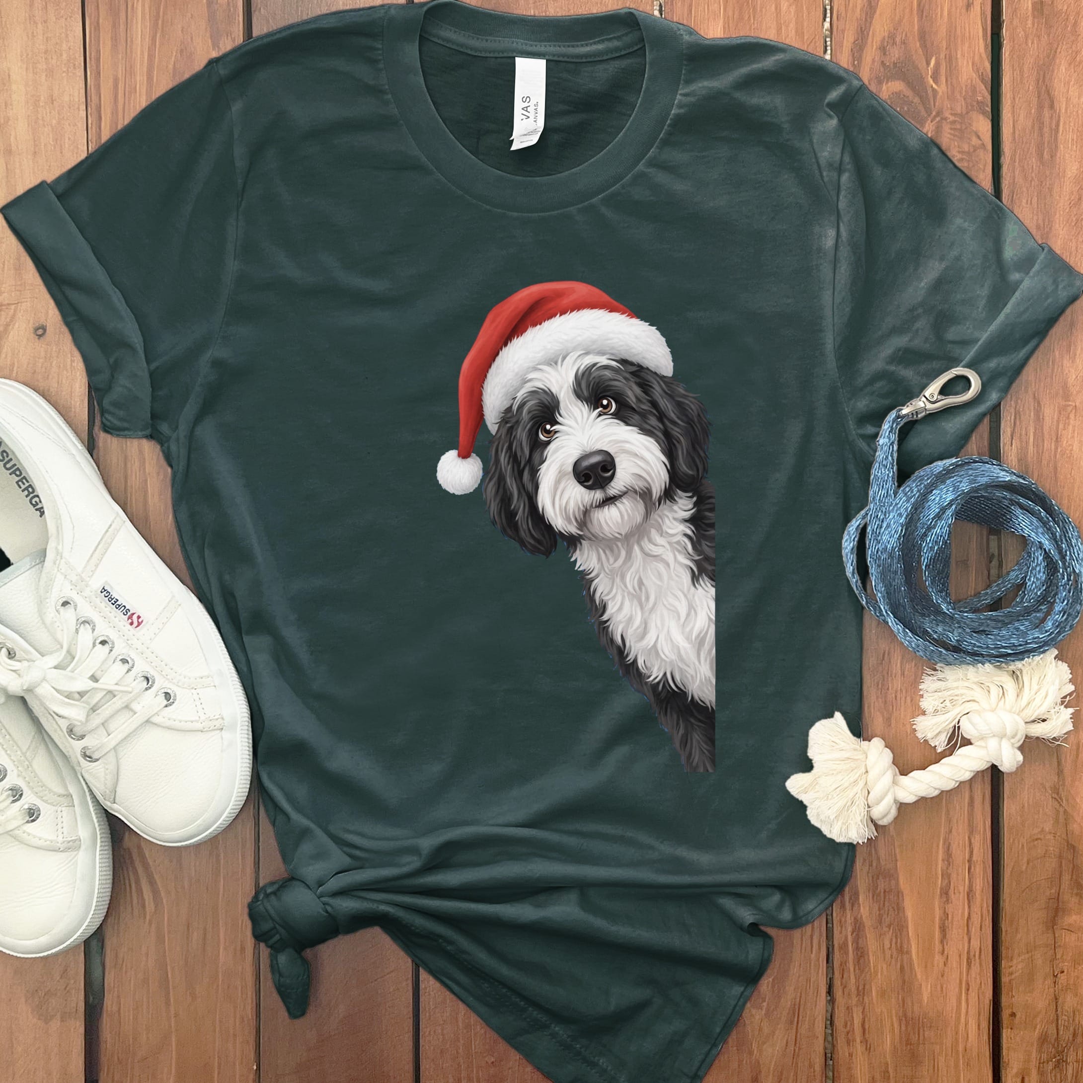 Sheepadoodle Holiday Santa T-Shirt in Forest / S by Puppy Jo