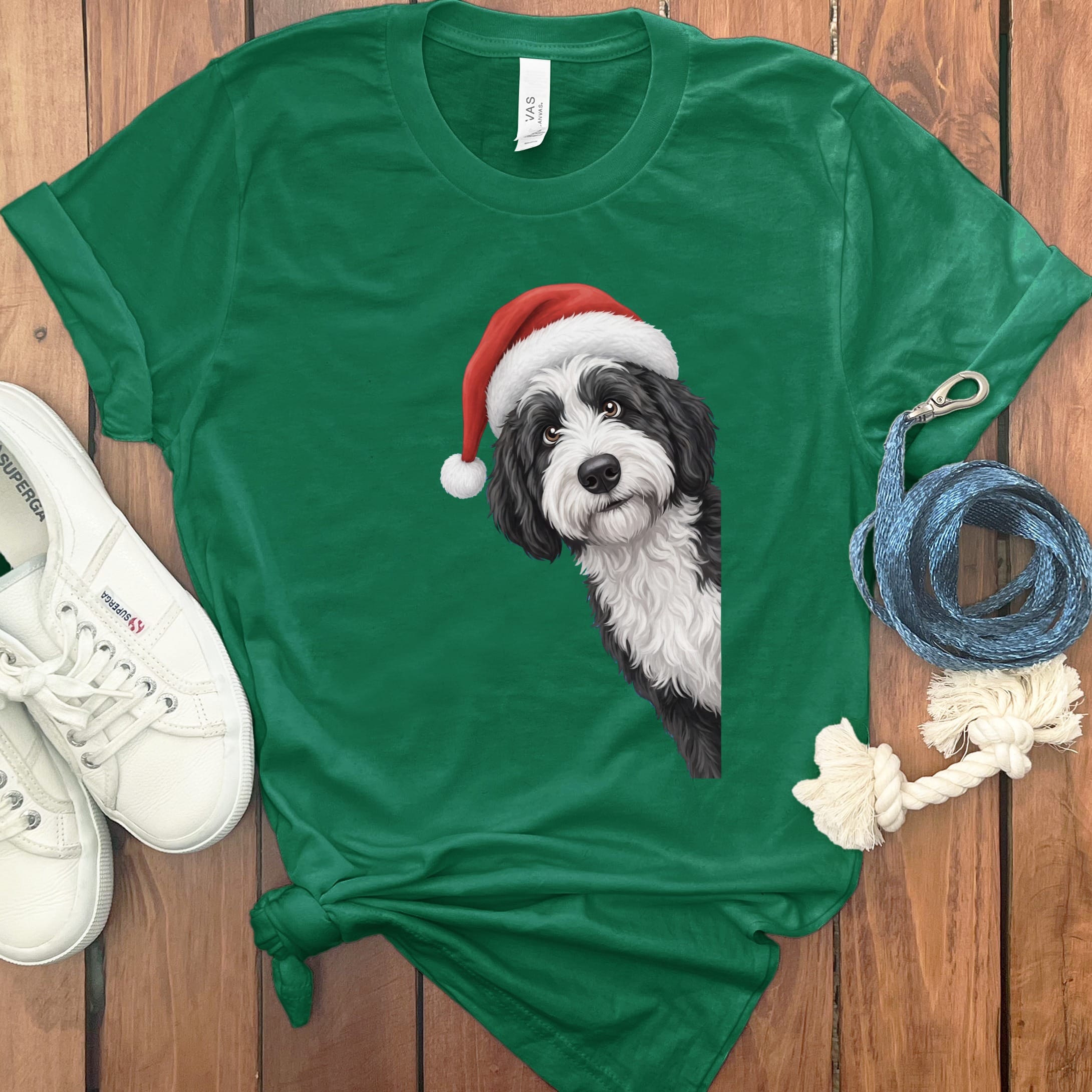 Sheepadoodle Holiday Santa T-Shirt in Kelly / S by Puppy Jo