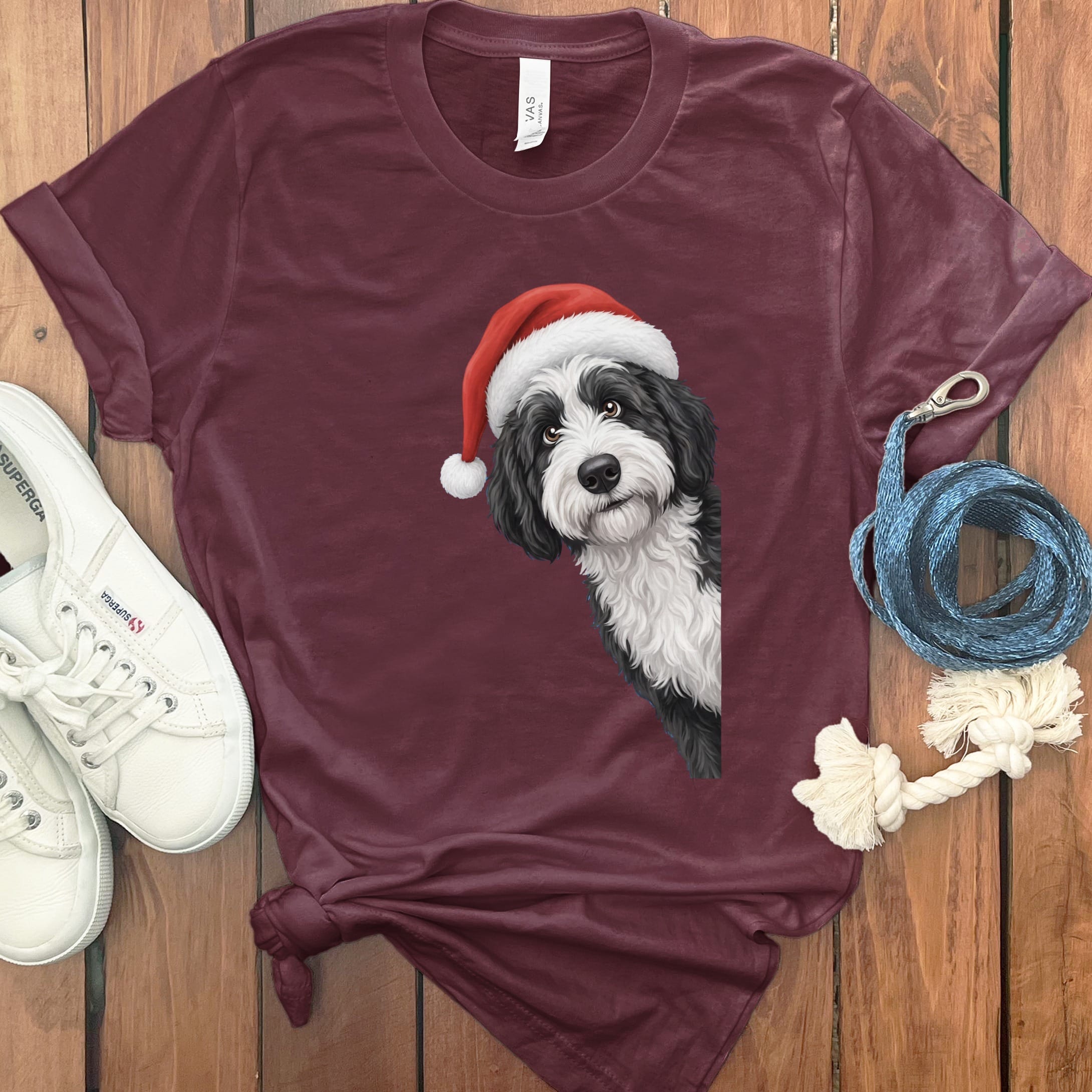 Sheepadoodle Holiday Santa T-Shirt in Maroon / S by Puppy Jo