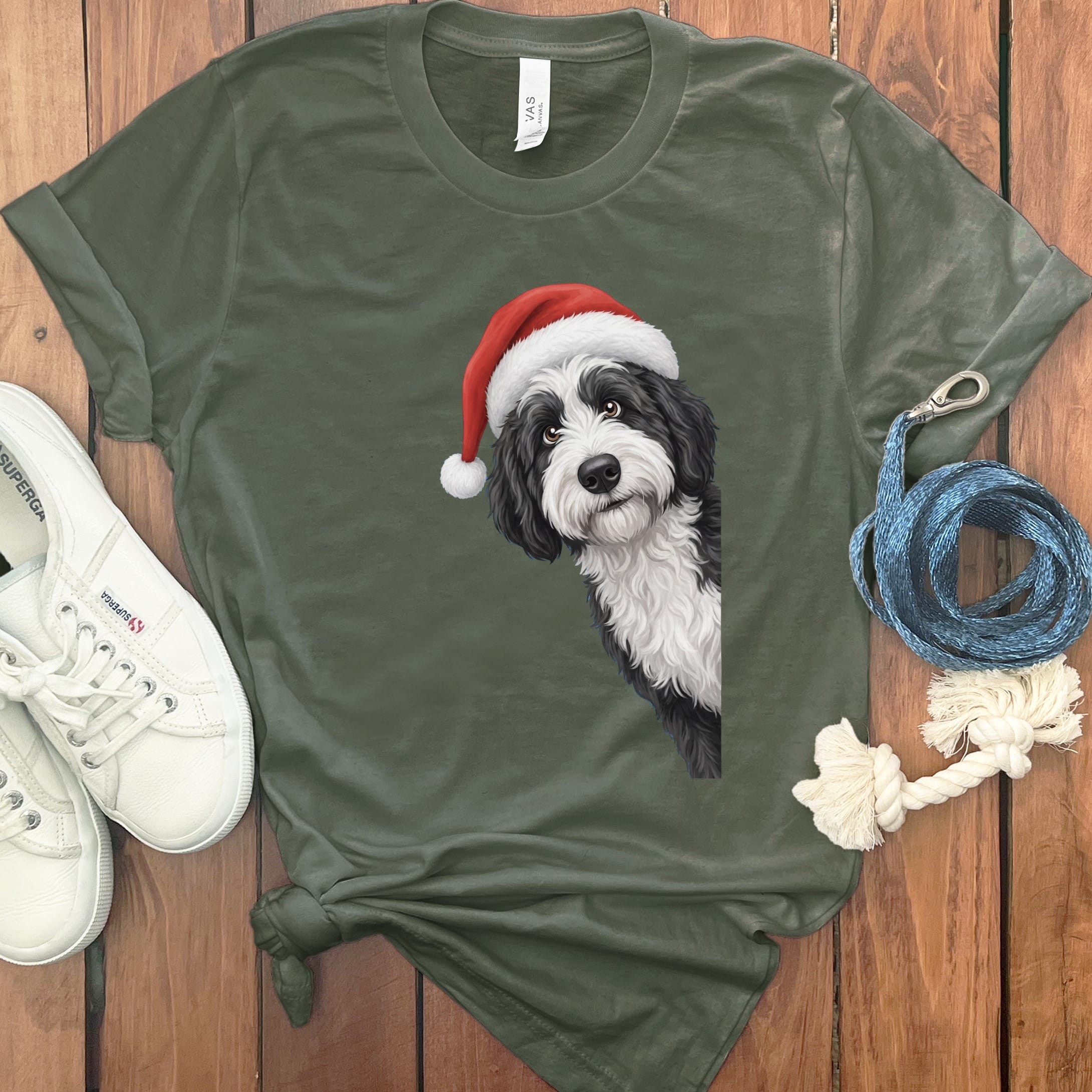 Sheepadoodle Holiday Santa T-Shirt in Military Green / S by Puppy Jo