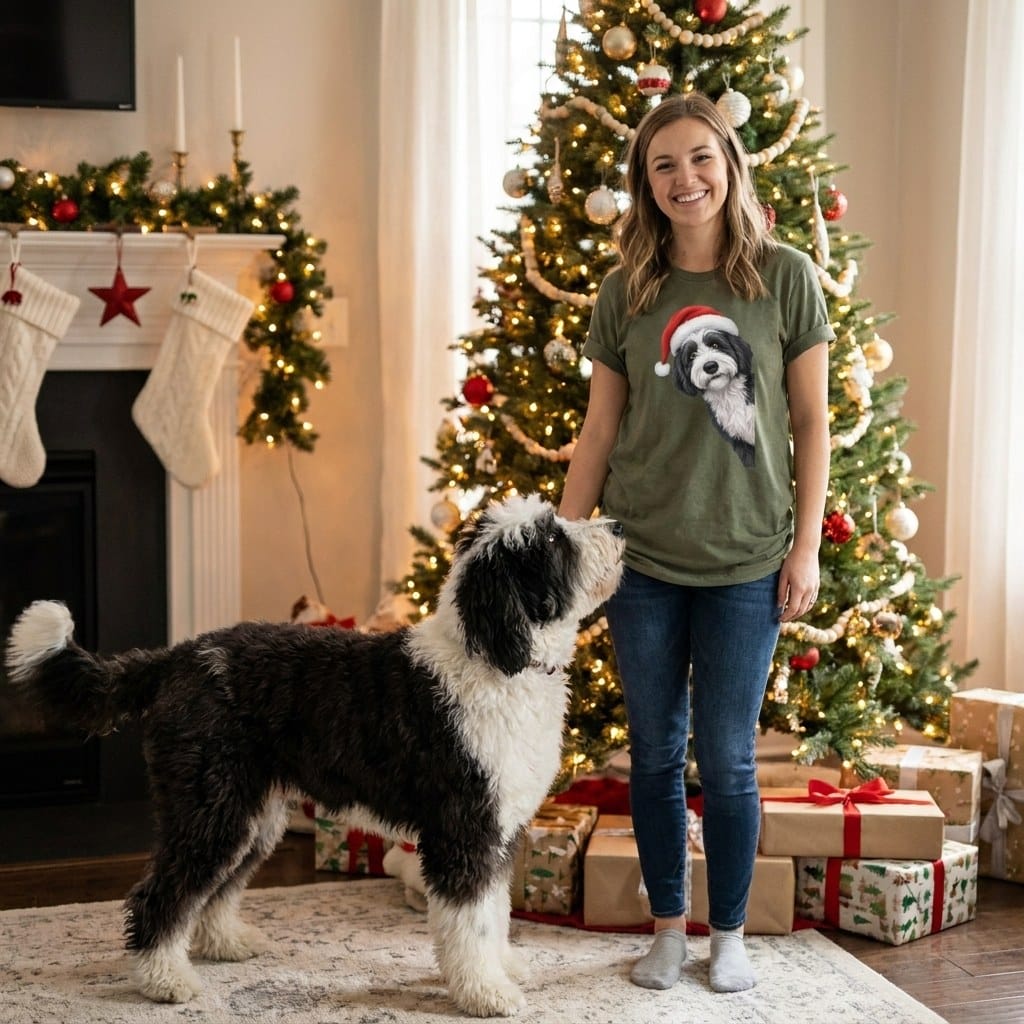 Sheepadoodle Holiday Santa T-Shirt in by Puppy Jo