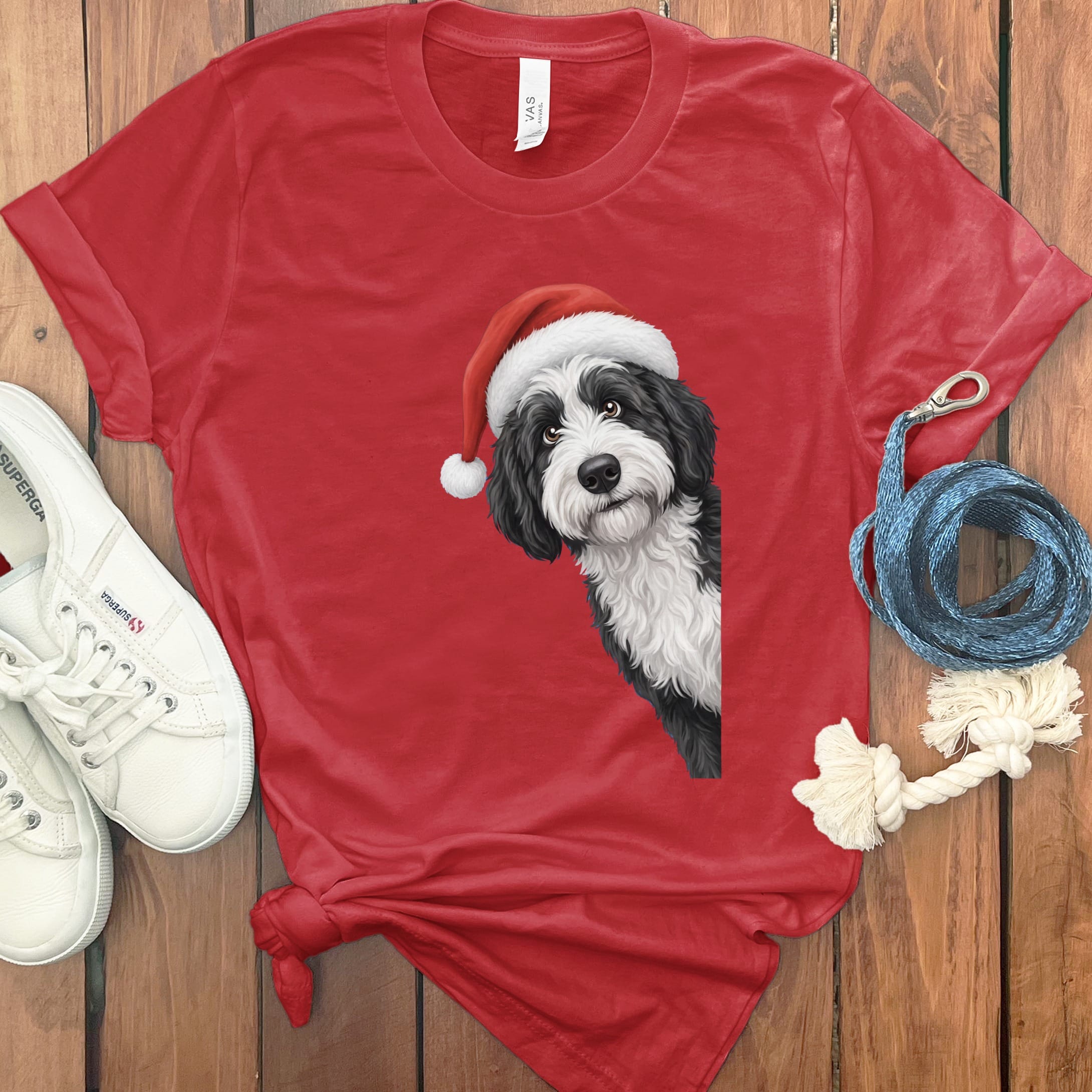 Sheepadoodle Holiday Santa T-Shirt in Red / S by Puppy Jo