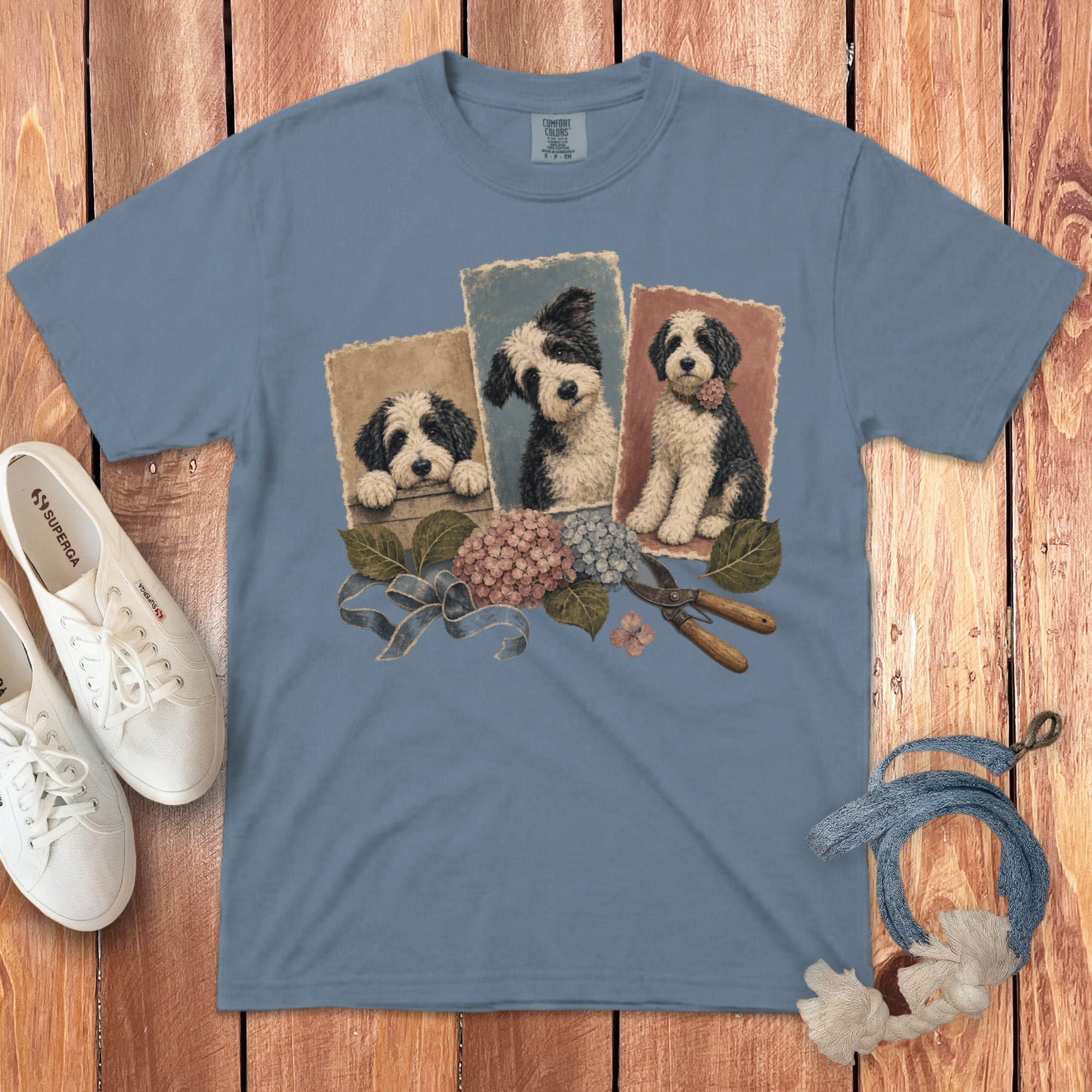 Sheepadoodle Hydrangea Gardener Signature T-Shirt in Blue Jean / S by Puppy Jo
