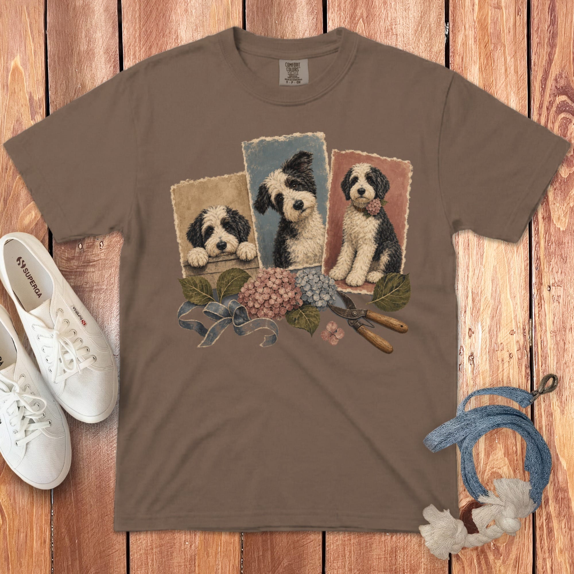 Sheepadoodle Hydrangea Gardener Signature T-Shirt in Espresso / S by Puppy Jo