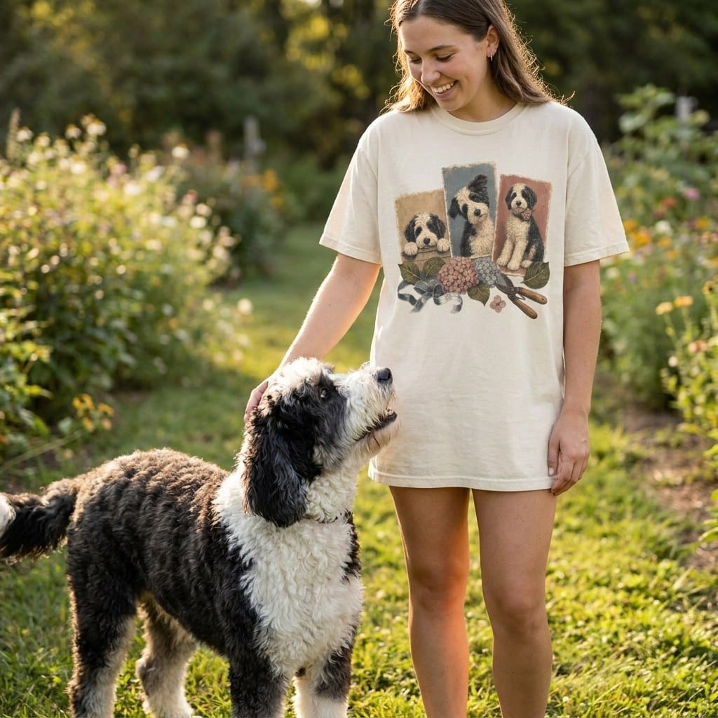 Sheepadoodle Hydrangea Gardener Signature T-Shirt in by Puppy Jo