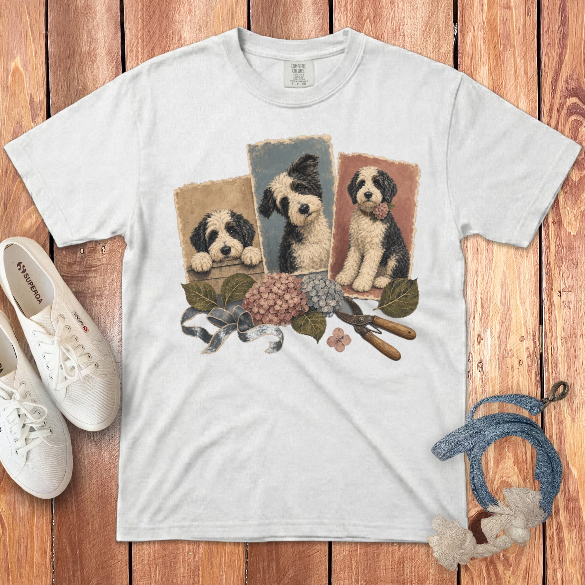 Sheepadoodle Hydrangea Gardener Signature T-Shirt in White / S by Puppy Jo