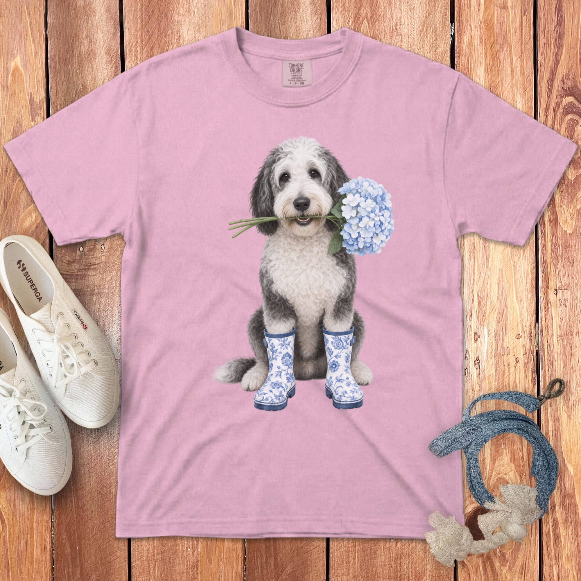 Sheepadoodle Hydrangea Signature T-Shirt in Blossom / S / T-Shirts by Puppy Jo