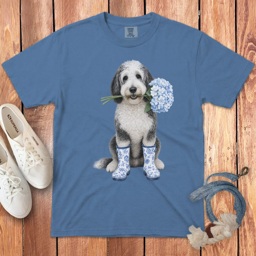 Sheepadoodle Hydrangea Signature T-Shirt in Blue Jean / S / T-Shirts by Puppy Jo