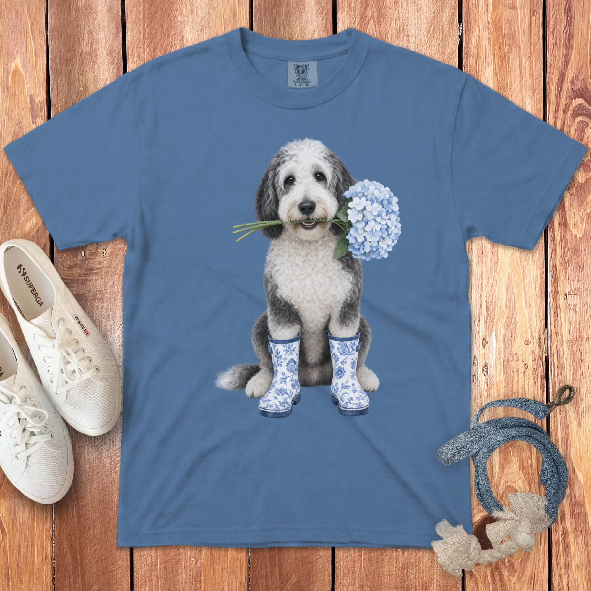 Sheepadoodle Hydrangea Signature T-Shirt in Blue Jean / S / T-Shirts by Puppy Jo