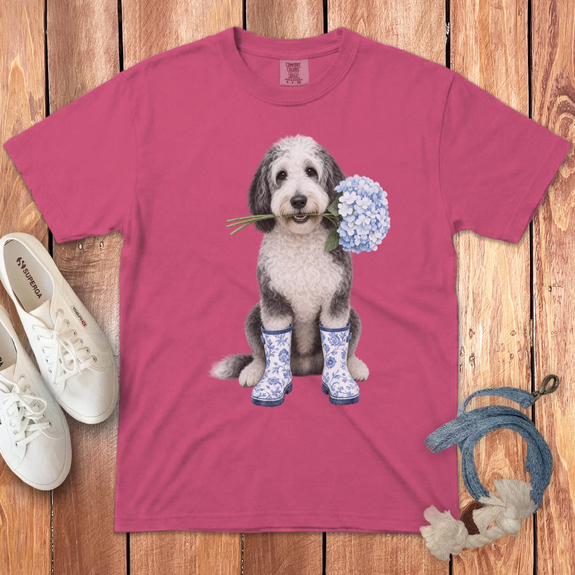Sheepadoodle Hydrangea Signature T-Shirt in Crunchberry / S / T-Shirts by Puppy Jo