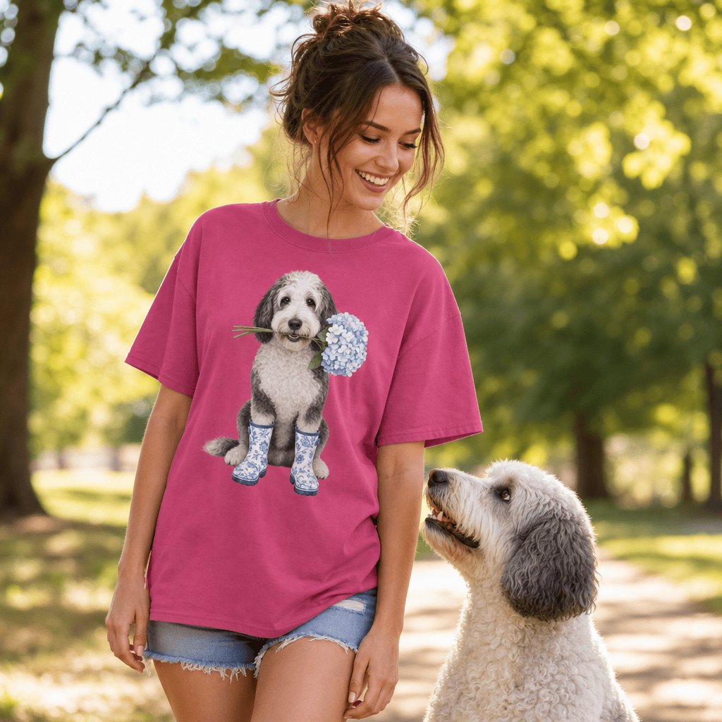 Sheepadoodle Hydrangea Signature T-Shirt in by Puppy Jo