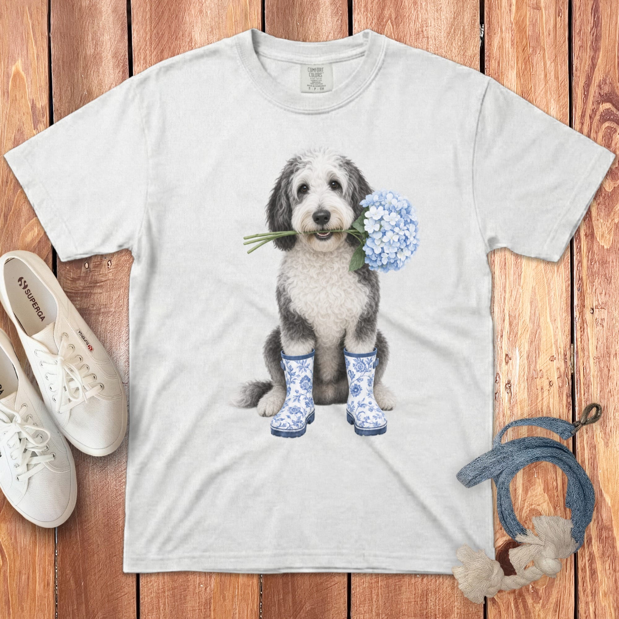 Sheepadoodle Hydrangea Signature T-Shirt in White / S / T-Shirts by Puppy Jo