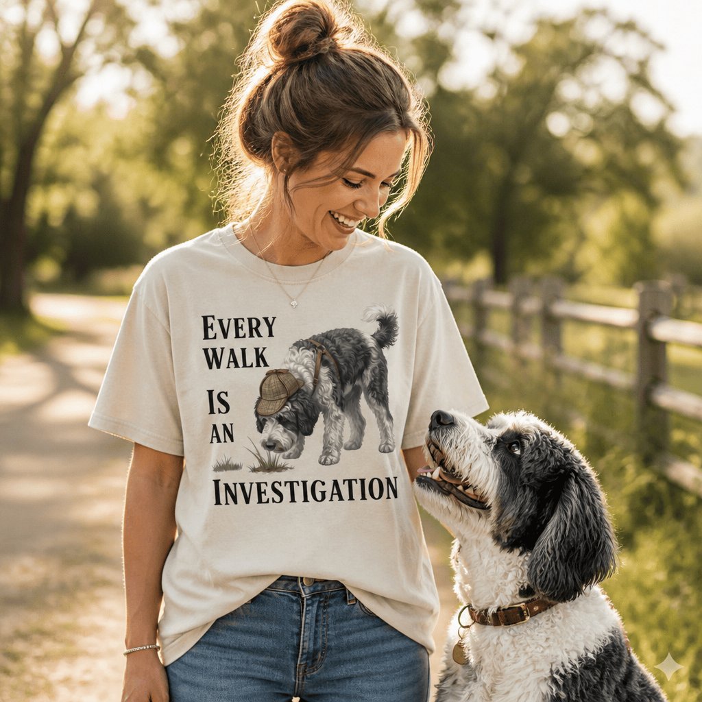 Sheepadoodle Investigation Signature T-Shirt in by Puppy Jo