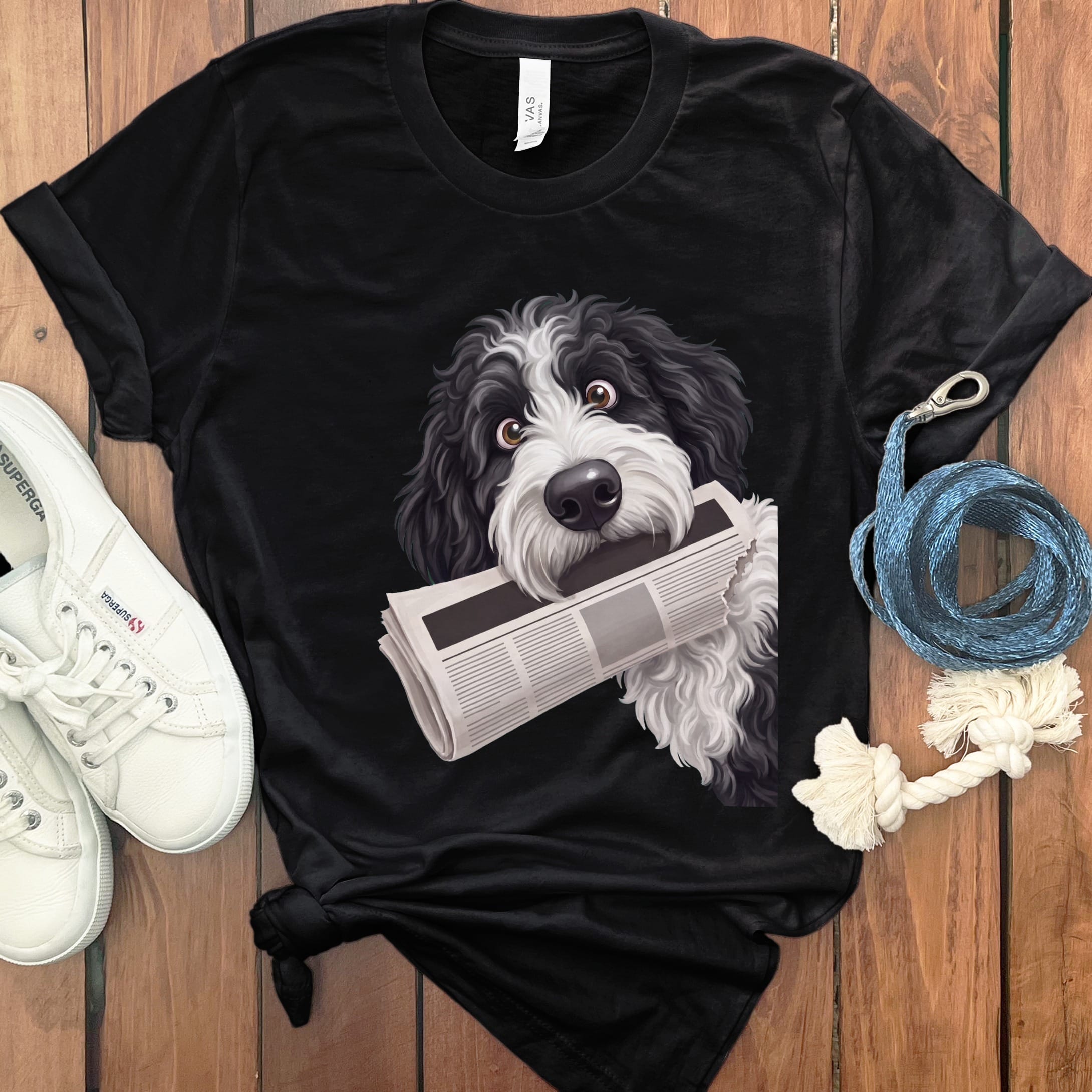 Sheepadoodle Newspaper T-Shirt in Black / S by Puppy Jo