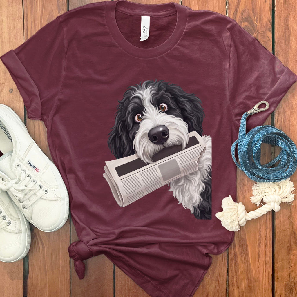 Sheepadoodle Newspaper T-Shirt in Maroon / S by Puppy Jo