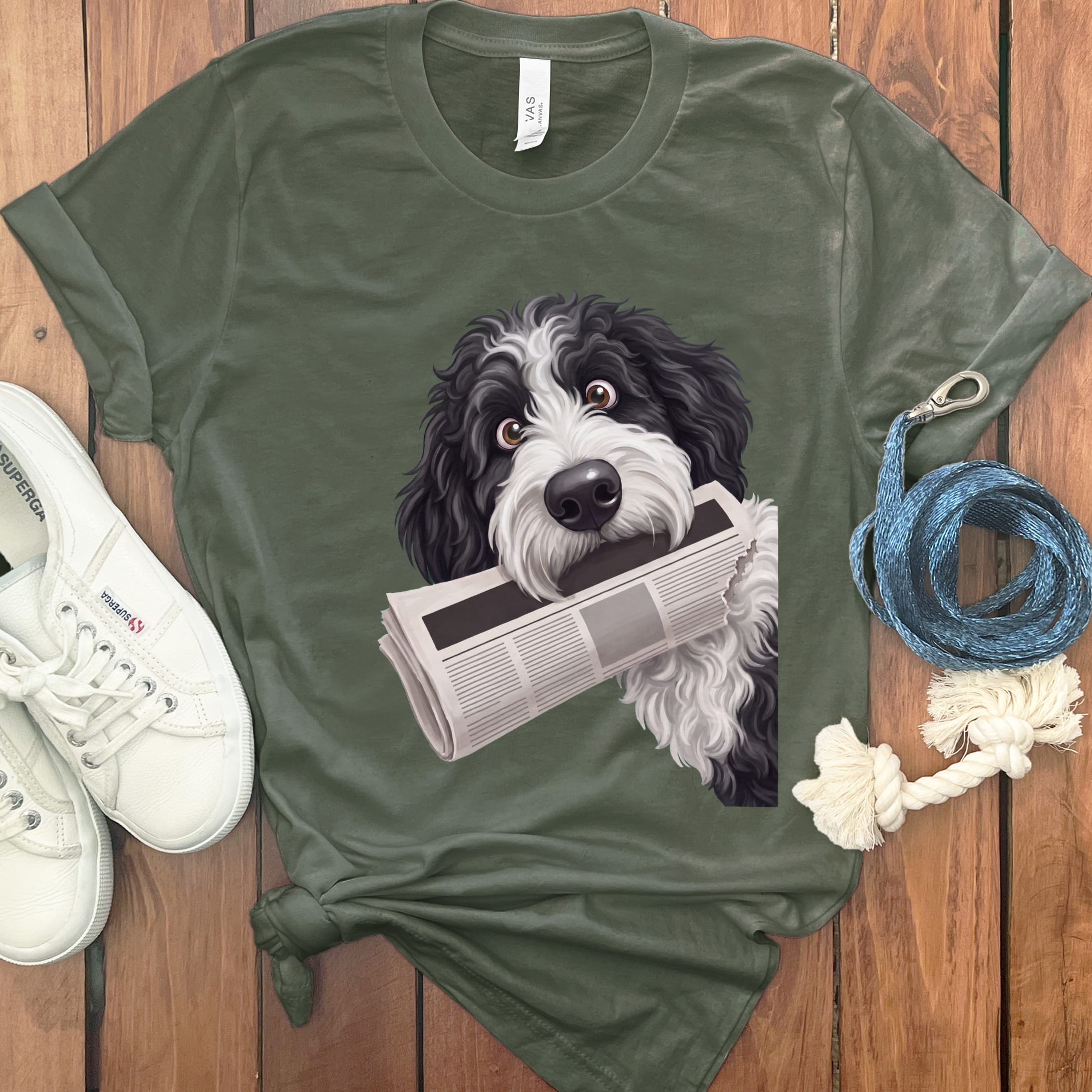 Sheepadoodle Newspaper T-Shirt in Military Green / S by Puppy Jo