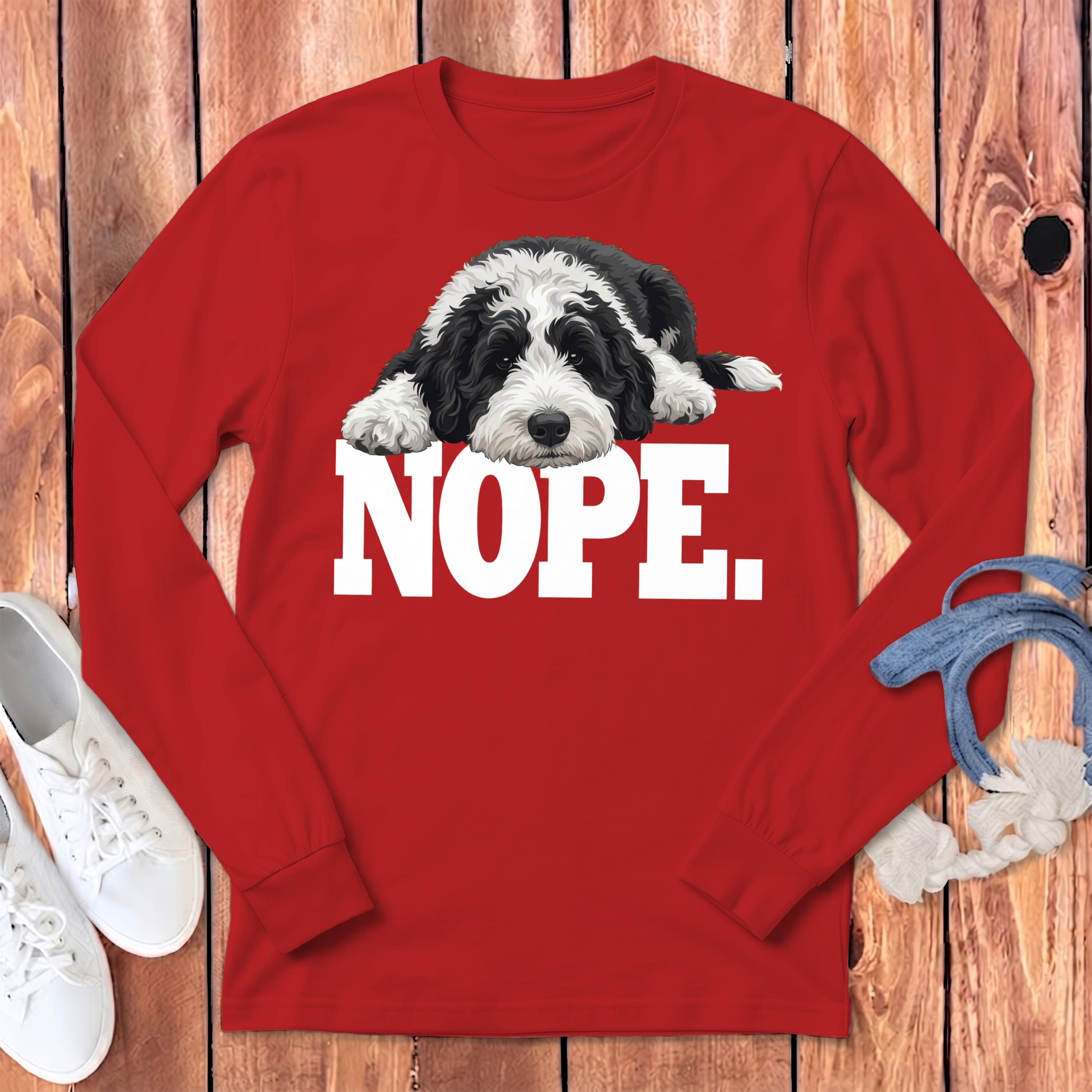 Sheepadoodle Nope Signature Long Sleeve T-Shirt in Red / S by Puppy Jo