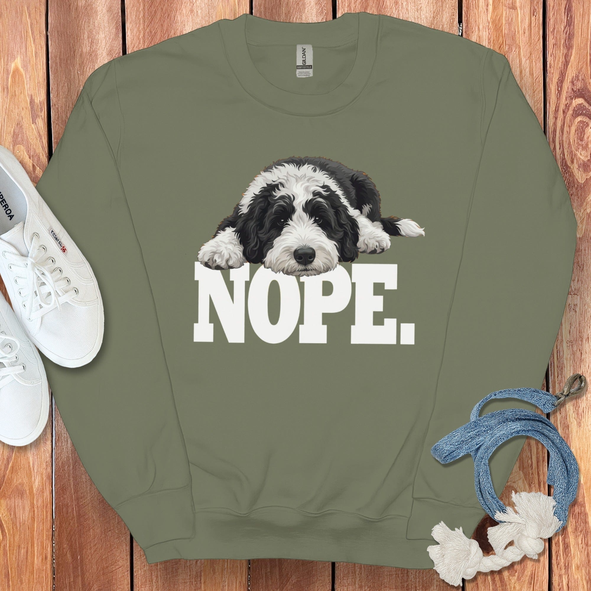 Sheepadoodle Nope Sweatshirt in Military Green / S by Puppy Jo
