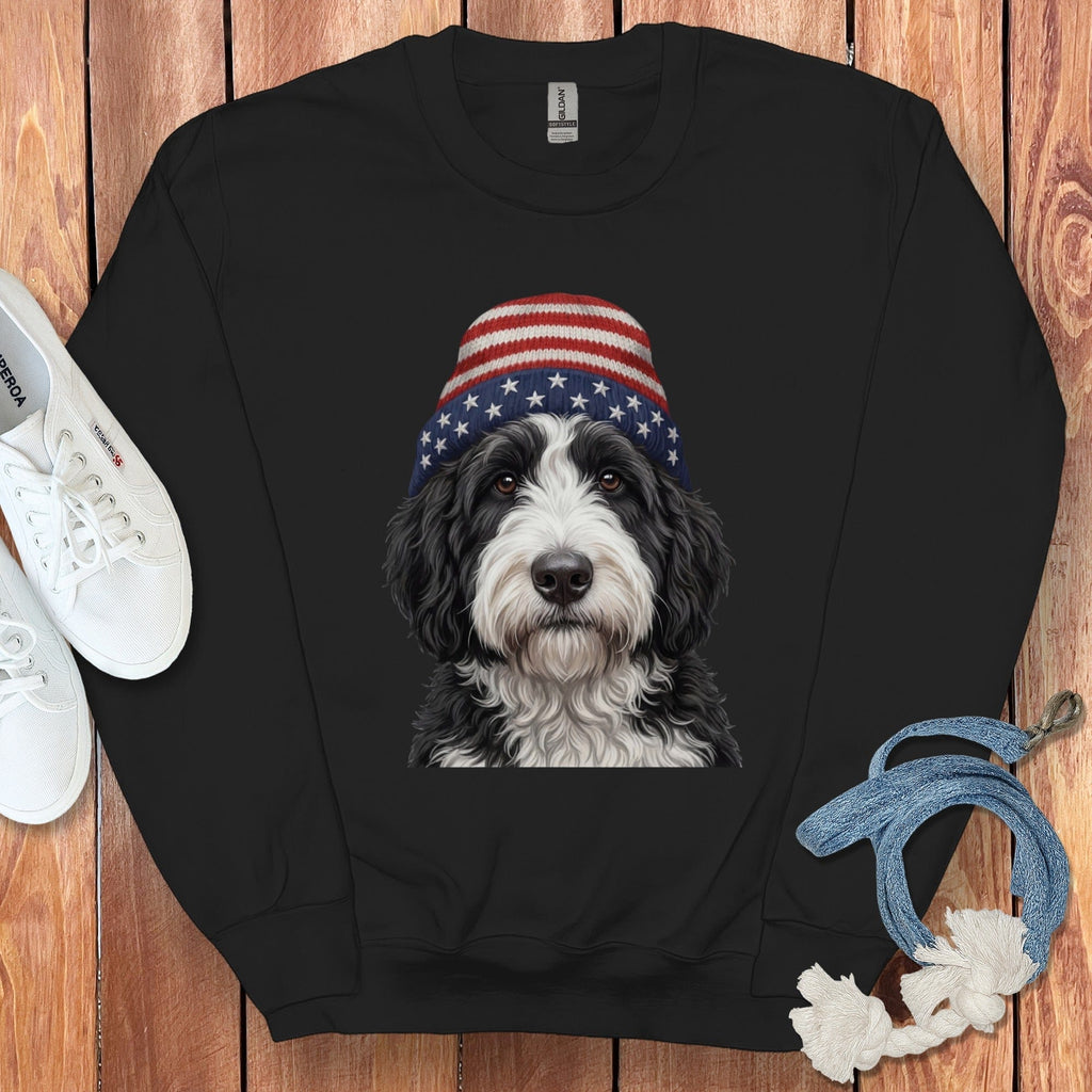 Sheepadoodle Patriotic Cap Sweatshirt in Black / M / Sweatshirts #1 by Puppy Jo