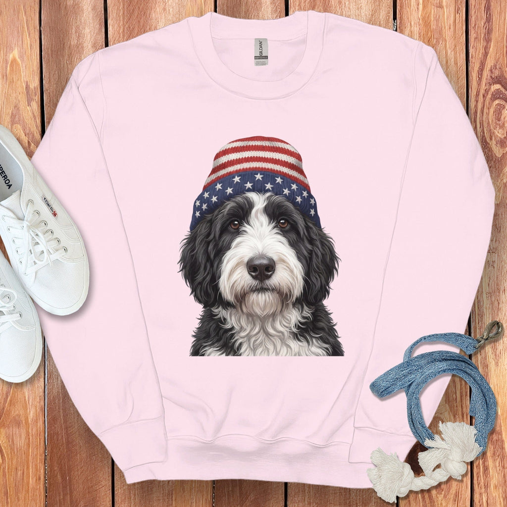 Sheepadoodle Patriotic Cap Sweatshirt in Light Pink / M / Sweatshirts by Puppy Jo