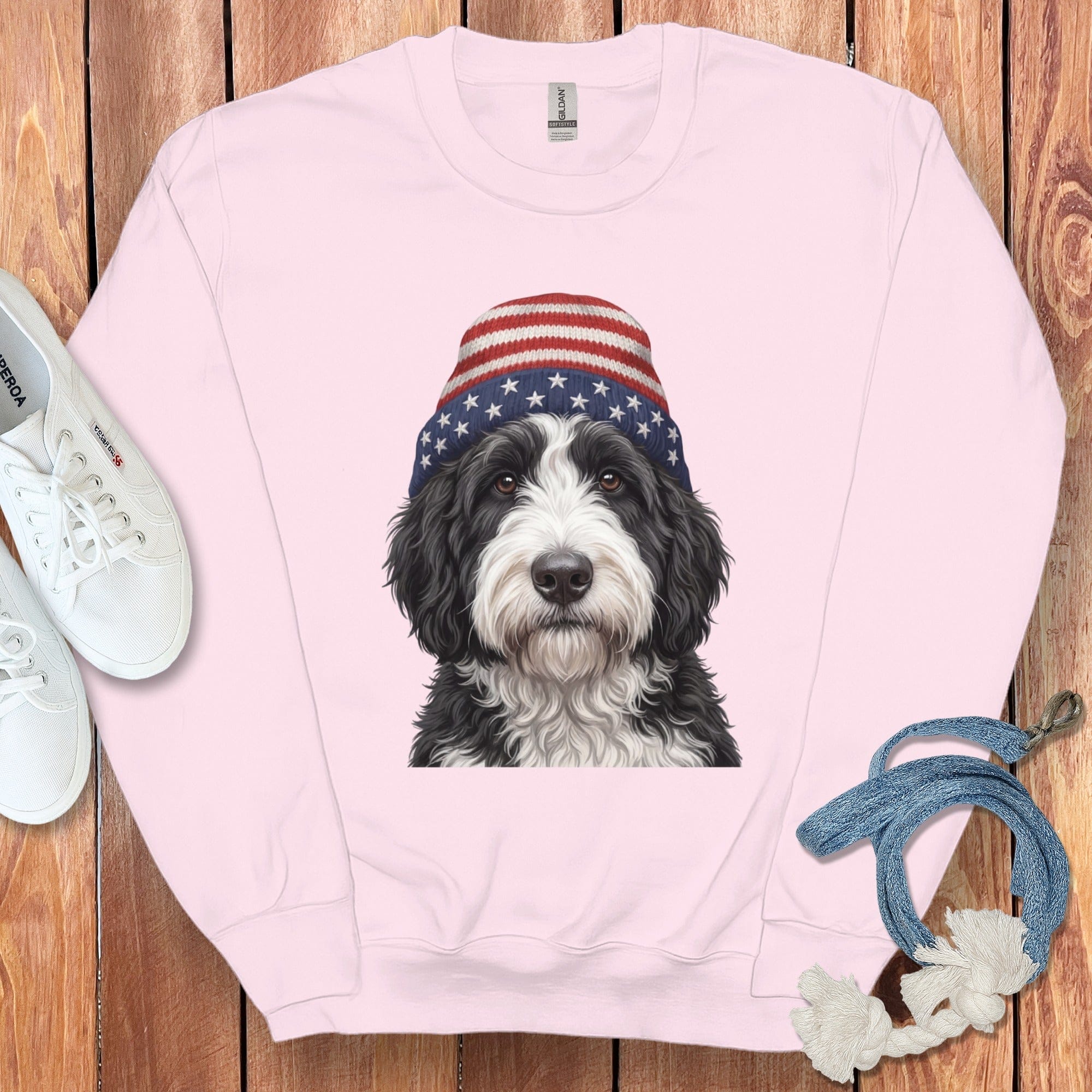 Sheepadoodle Patriotic Cap Sweatshirt in Light Pink / M / Sweatshirts by Puppy Jo