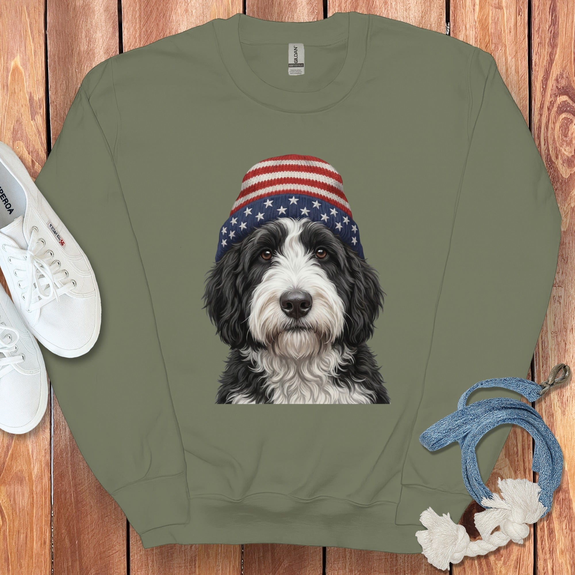 Sheepadoodle Patriotic Cap Sweatshirt in Military Green / M / Sweatshirts #1 by Puppy Jo